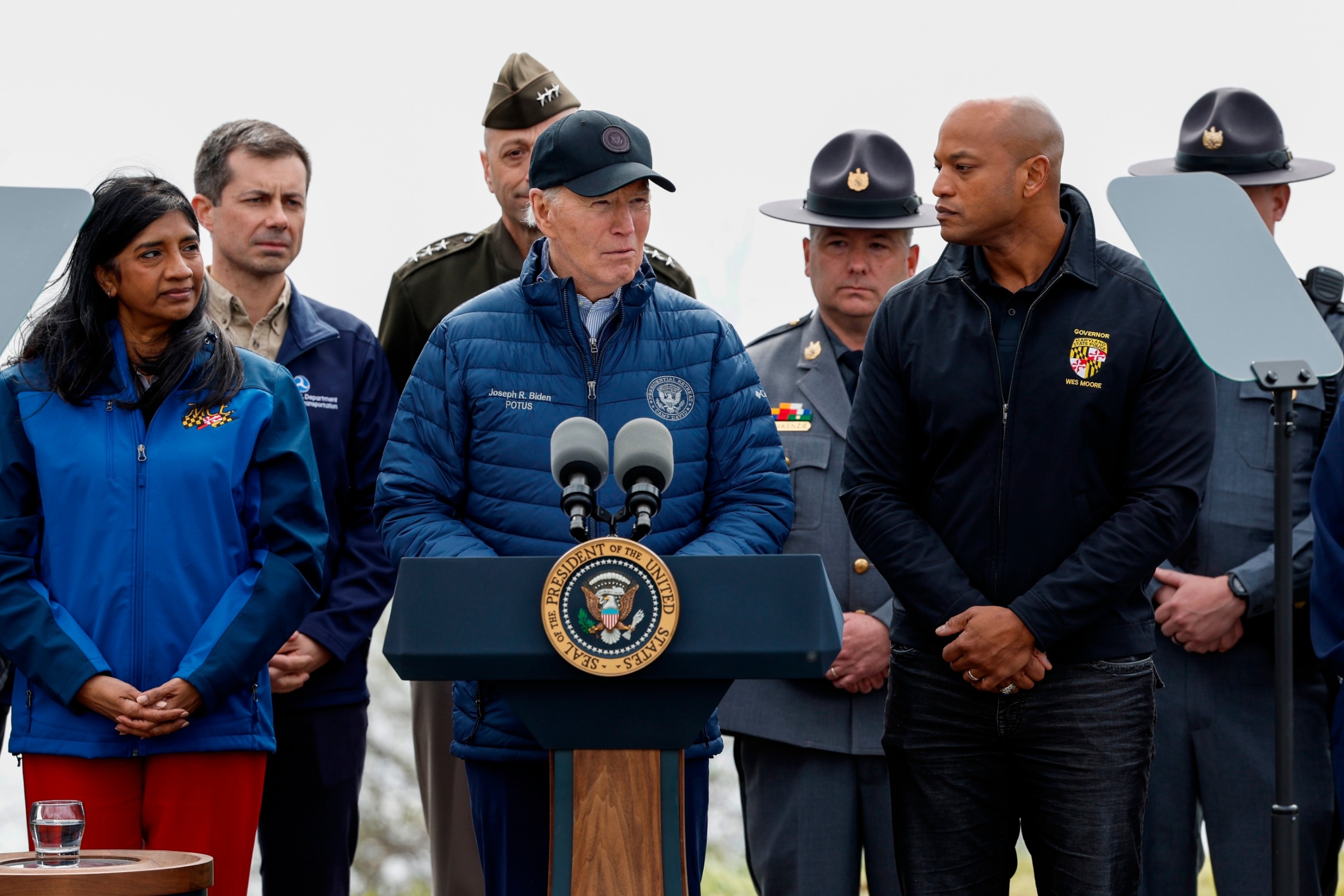 PHOTO: President Joe Biden delivers remarks at the Maryland Transportation Authority Police Headquarters, near the site of the collapsed Francis Scott Key Bridge, on April 5, 2024 in Baltimore.