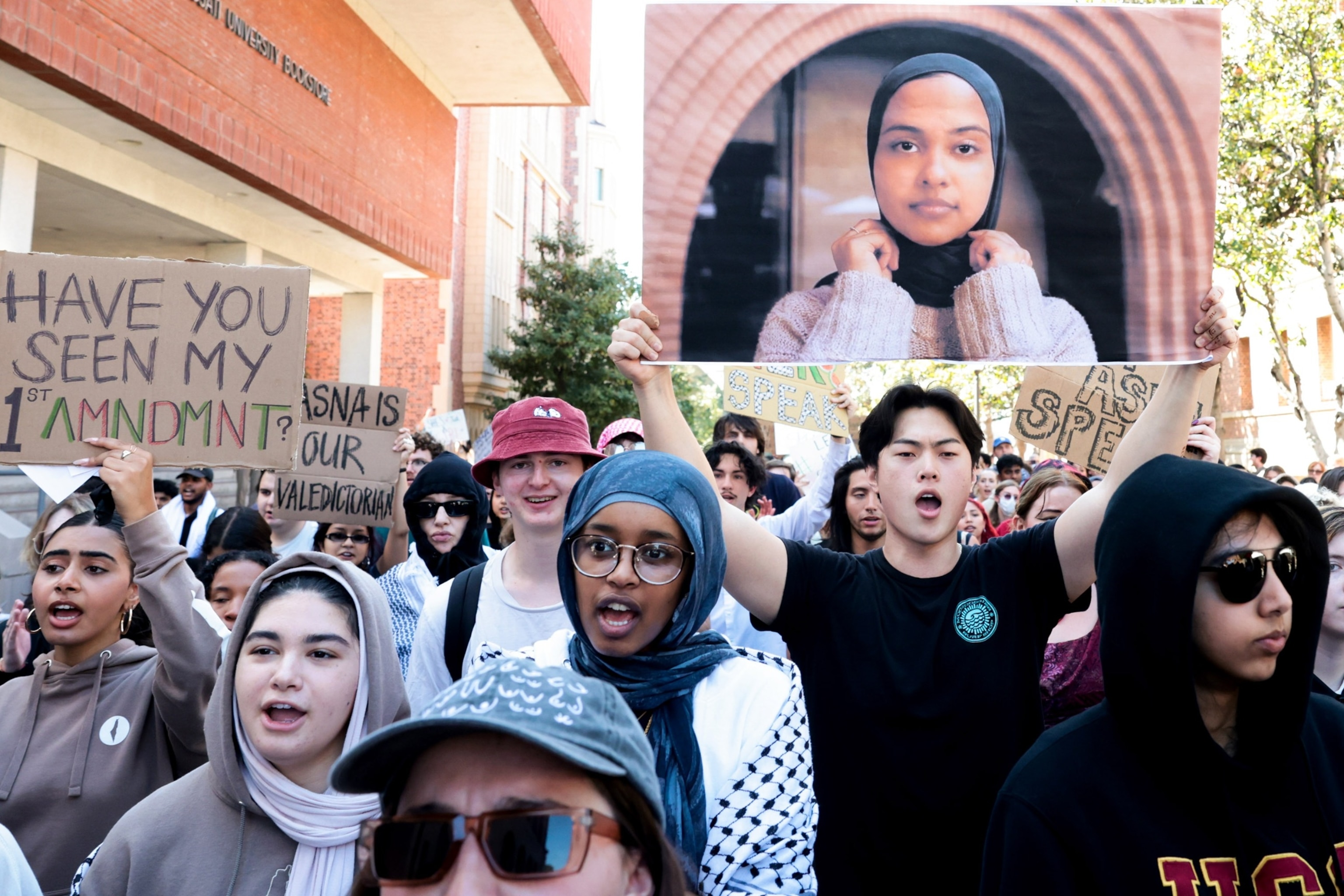 PHOTO: USC students participate in a silent march in support of Asna Tabassum, whose graduation speech has been cancelled by USC administration at University of Southern California, on April 18, 2024, in Los Angeles.