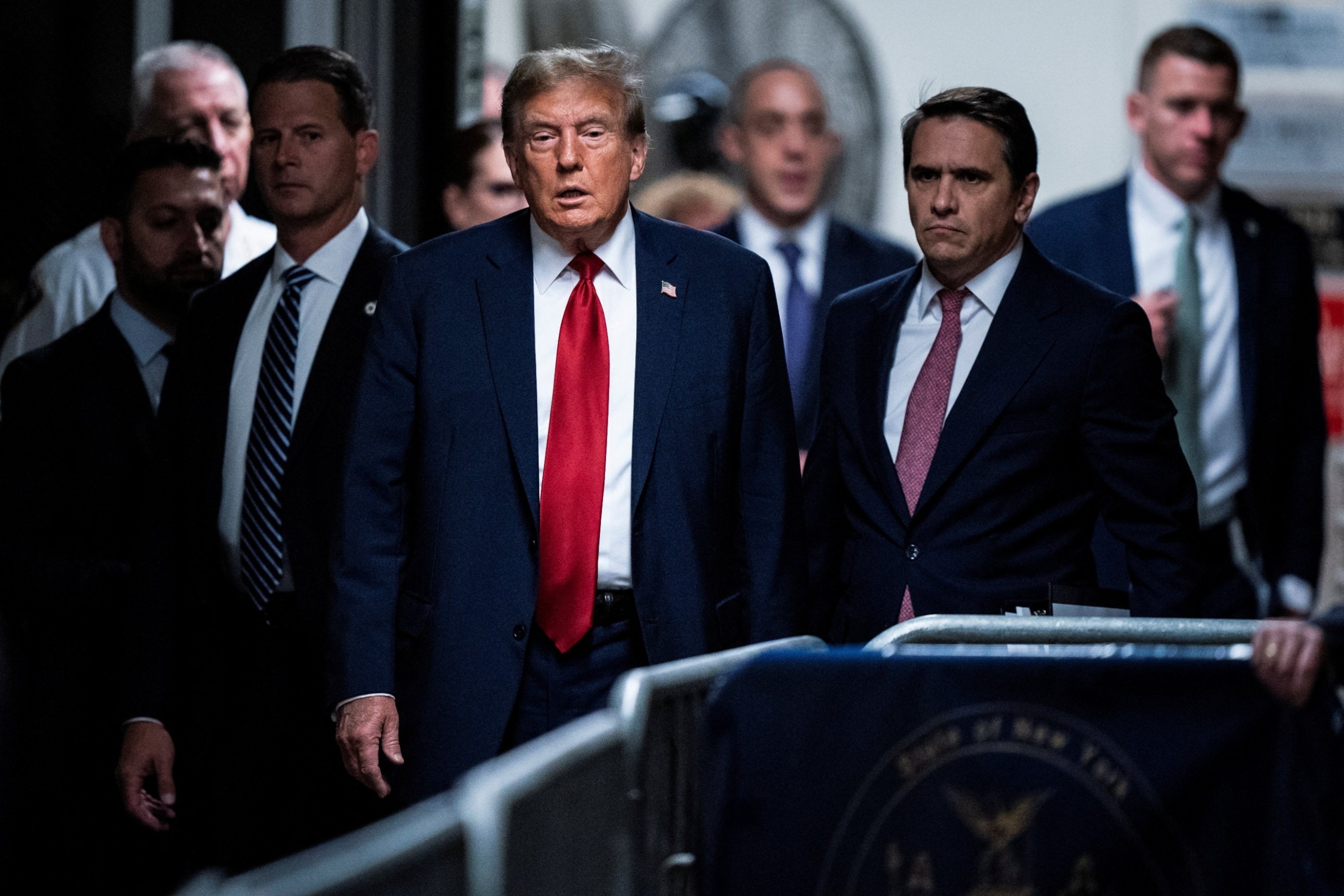 PHOTO: Former President Donald Trump arrives at Manhattan criminal court with his legal team ahead of the start of jury selection in New York City, April 15, 2024. 