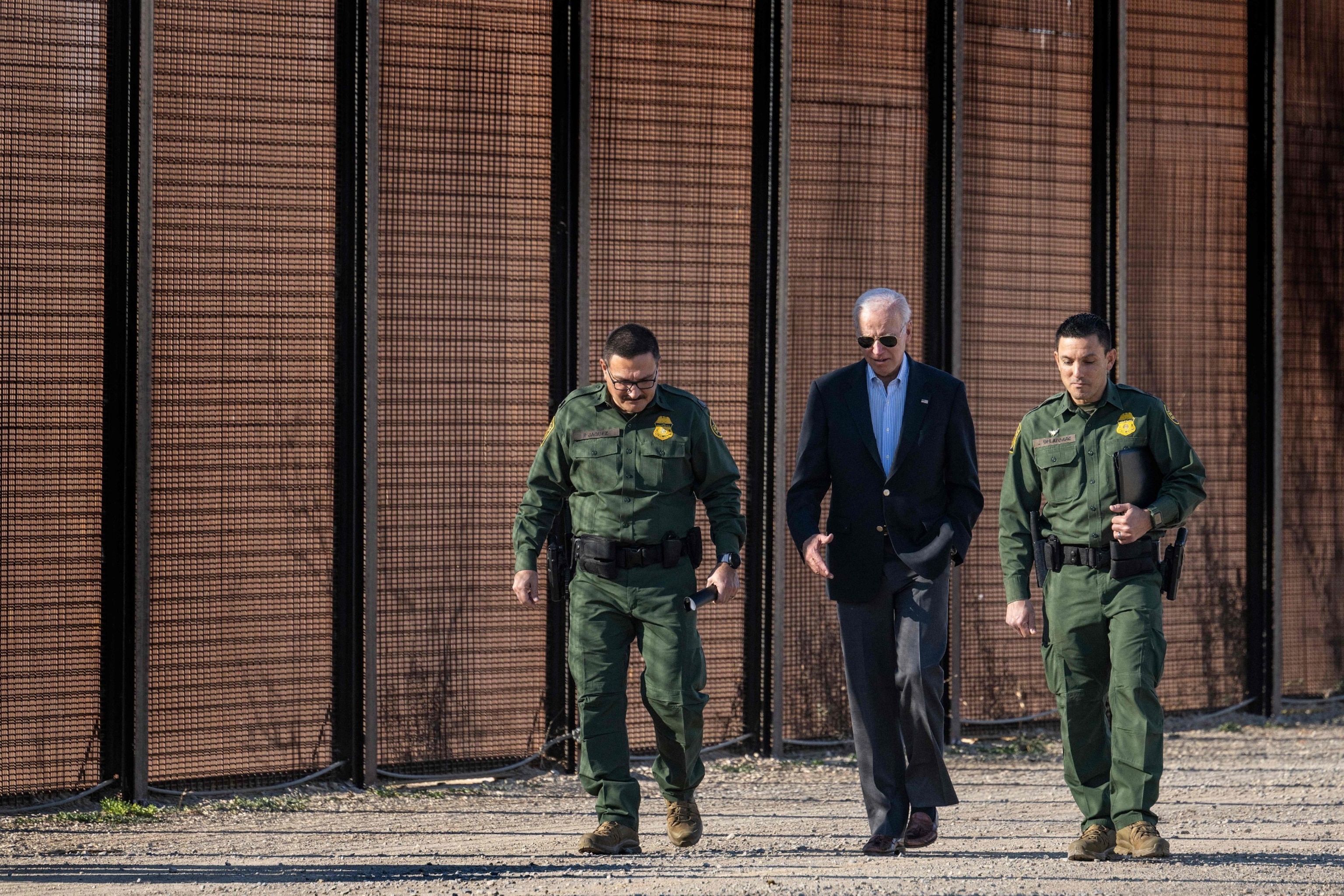 PHOTO: President Joe Biden speaks with US Customs and Border Protection officers as he visits the US-Mexico border in El Paso, TX, Jan. 8, 2023. 