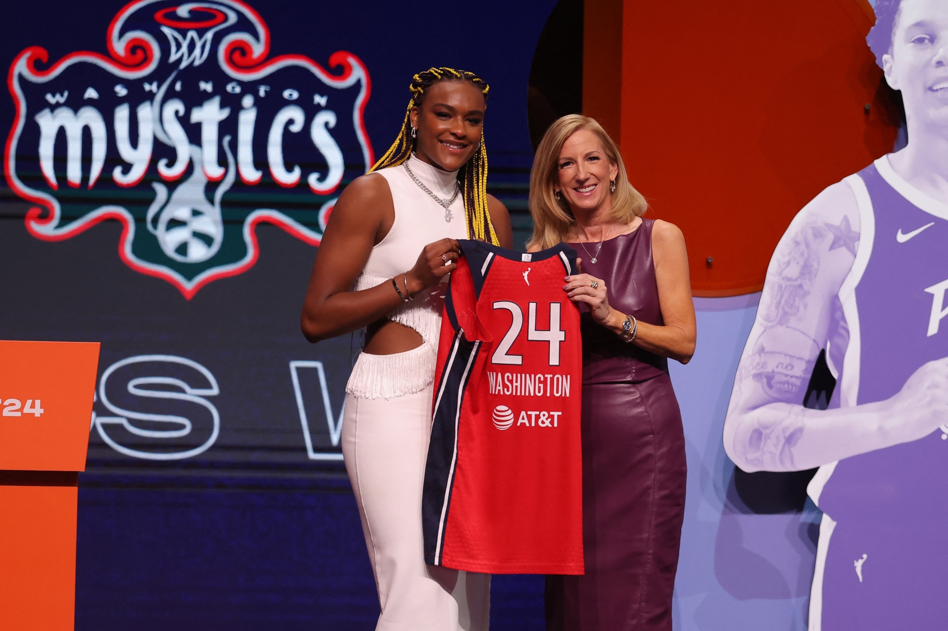 PHOTO: Aaliyah Edwards poses with WNBA commissioner Cathy Engelbert after she is selected with the number six overall pick to the Washington Mystics in the 2024 WNBA Draft at Brooklyn Academy of Music, April 15, 2024, Brooklyn, New York.