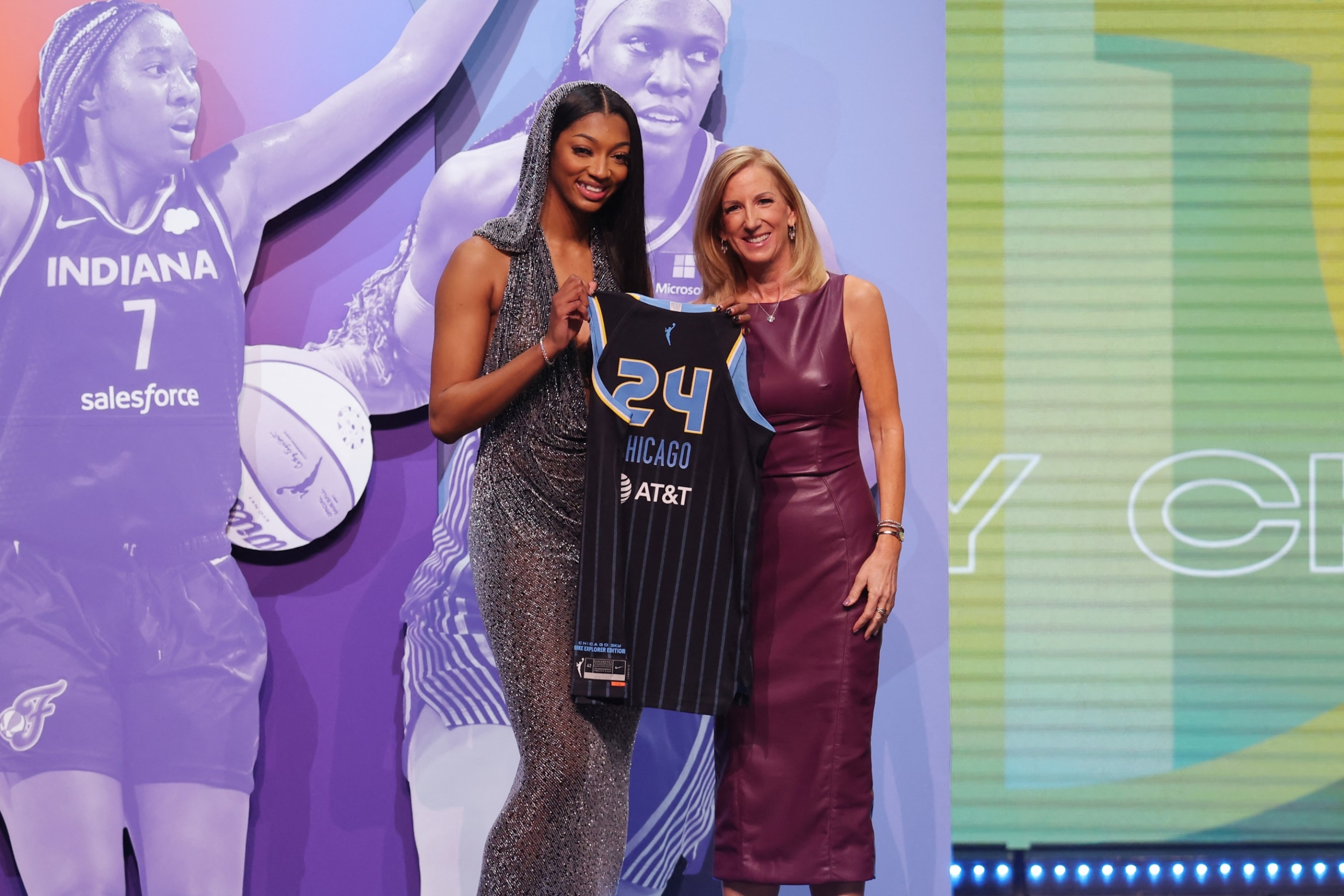 PHOTO: Angel Reese poses with WNBA commissioner Cathy Engelbert after she is selected with the number seven overall pick to the Chicago Sky n the 2024 WNBA Draft at Brooklyn Academy of Music, April 15, 2024, Brooklyn, New York.