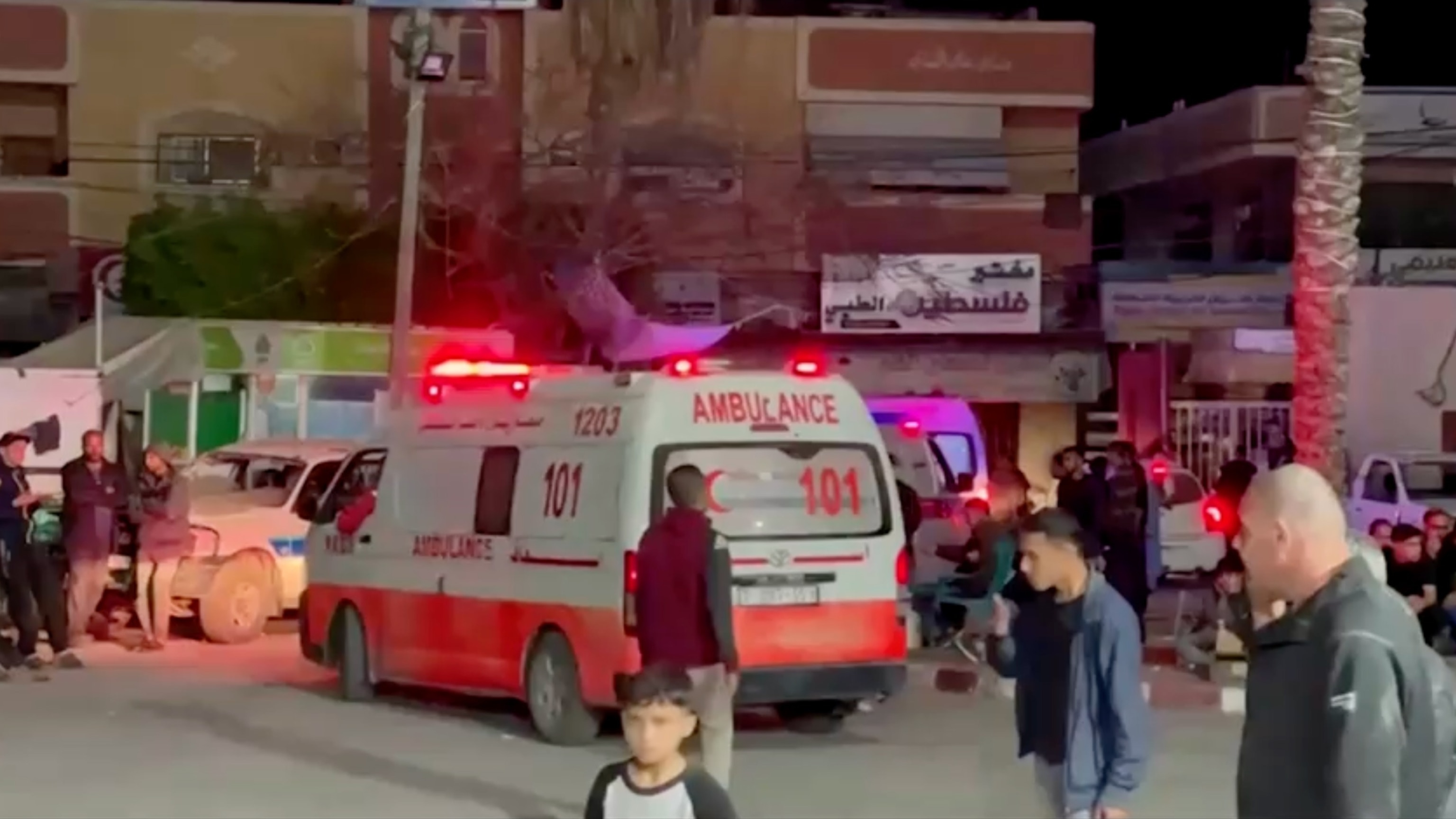 PHOTO: An ambulance is seen in front of a hospital after at least five employees from the World Central Kitchen were killed in an Israeli airstrike on Gaza, according to the Hamas-run Gaza government media office on April 1, 2024.