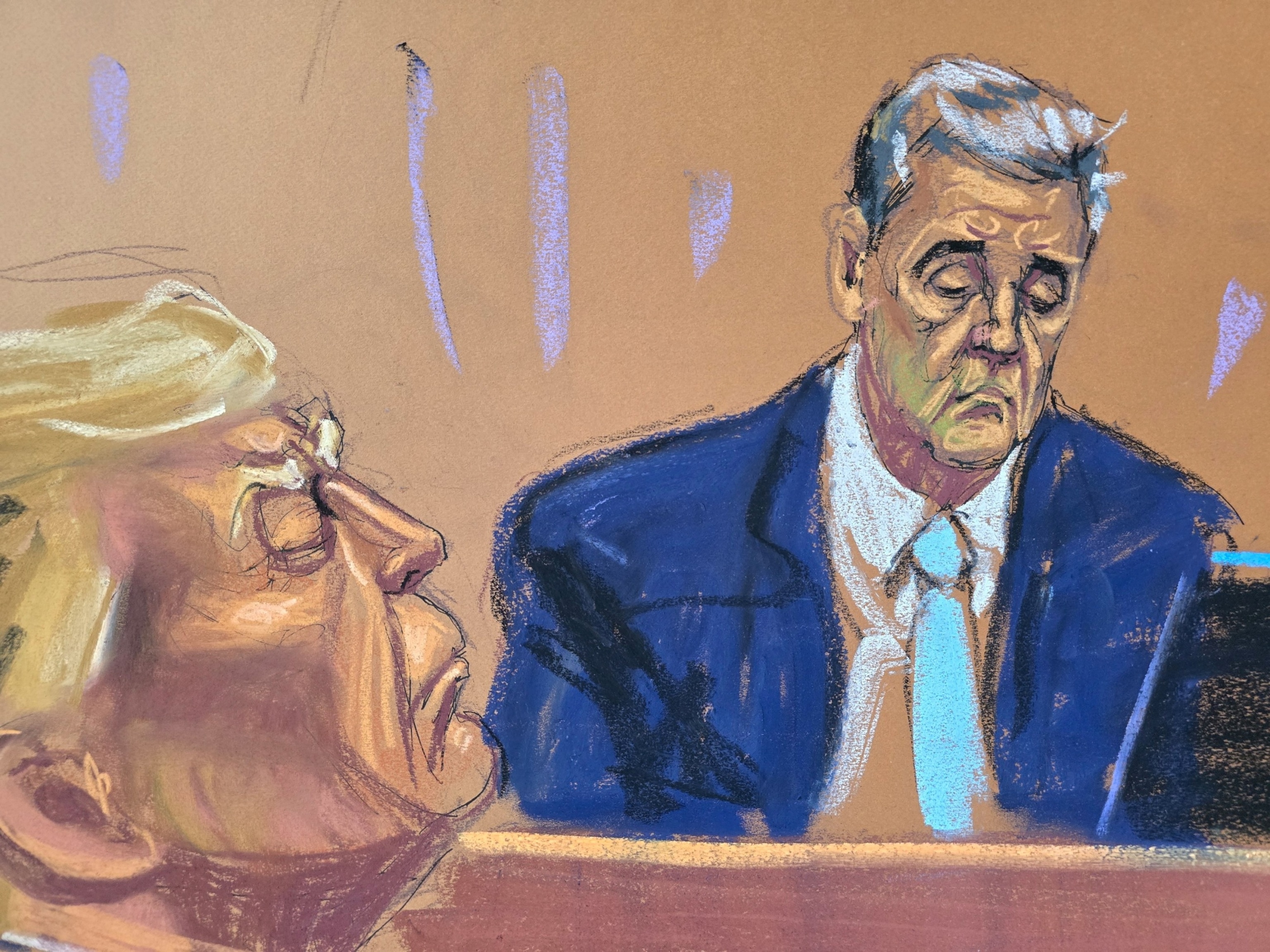 PHOTO: Michael Cohen testifies during former President Donald Trump's criminal trial in Manhattan state court in New York City, May 14, 2024 in this courtroom sketch.