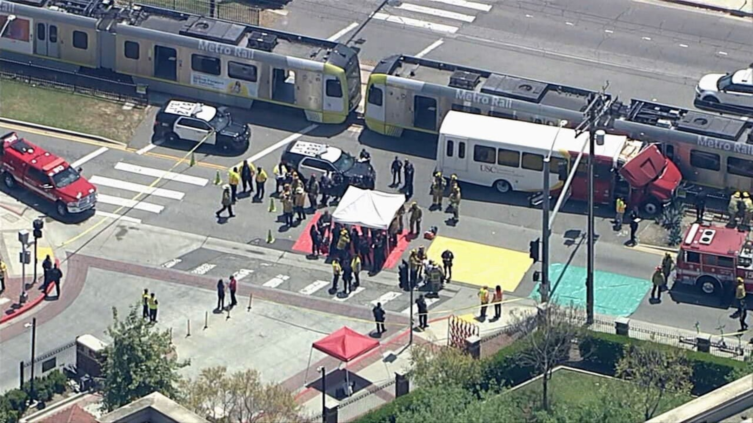 PHOTO: 55 people were injured after a Los Angeles Metro train collided with a USC bus, on April 30, 2024, in Los Angeles.