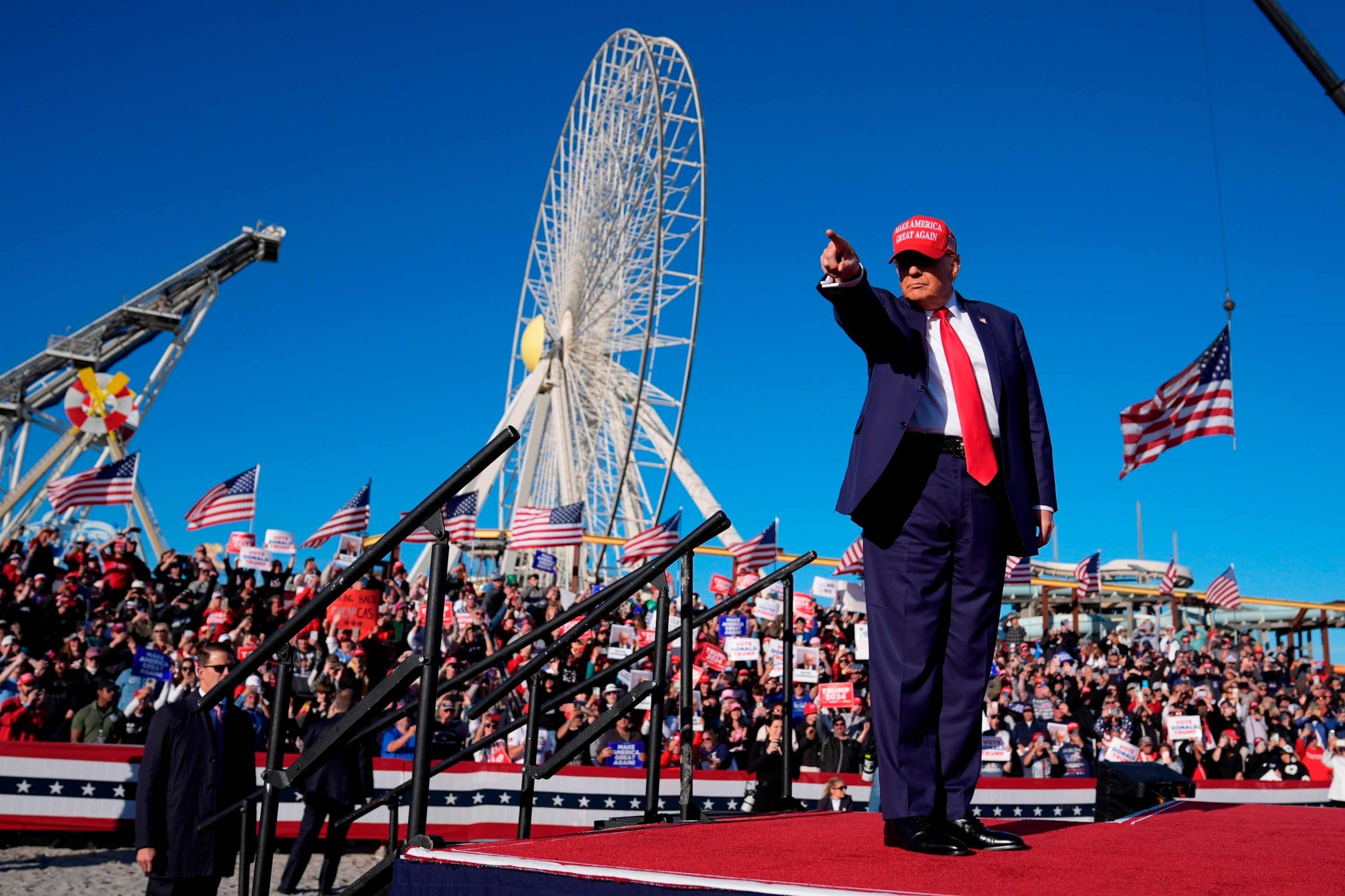 PHOTO: Republican presidential candidate former President Donald Trump gestures to the crowd during a campaign rally in Wildwood, N.J., May 11, 2024. 