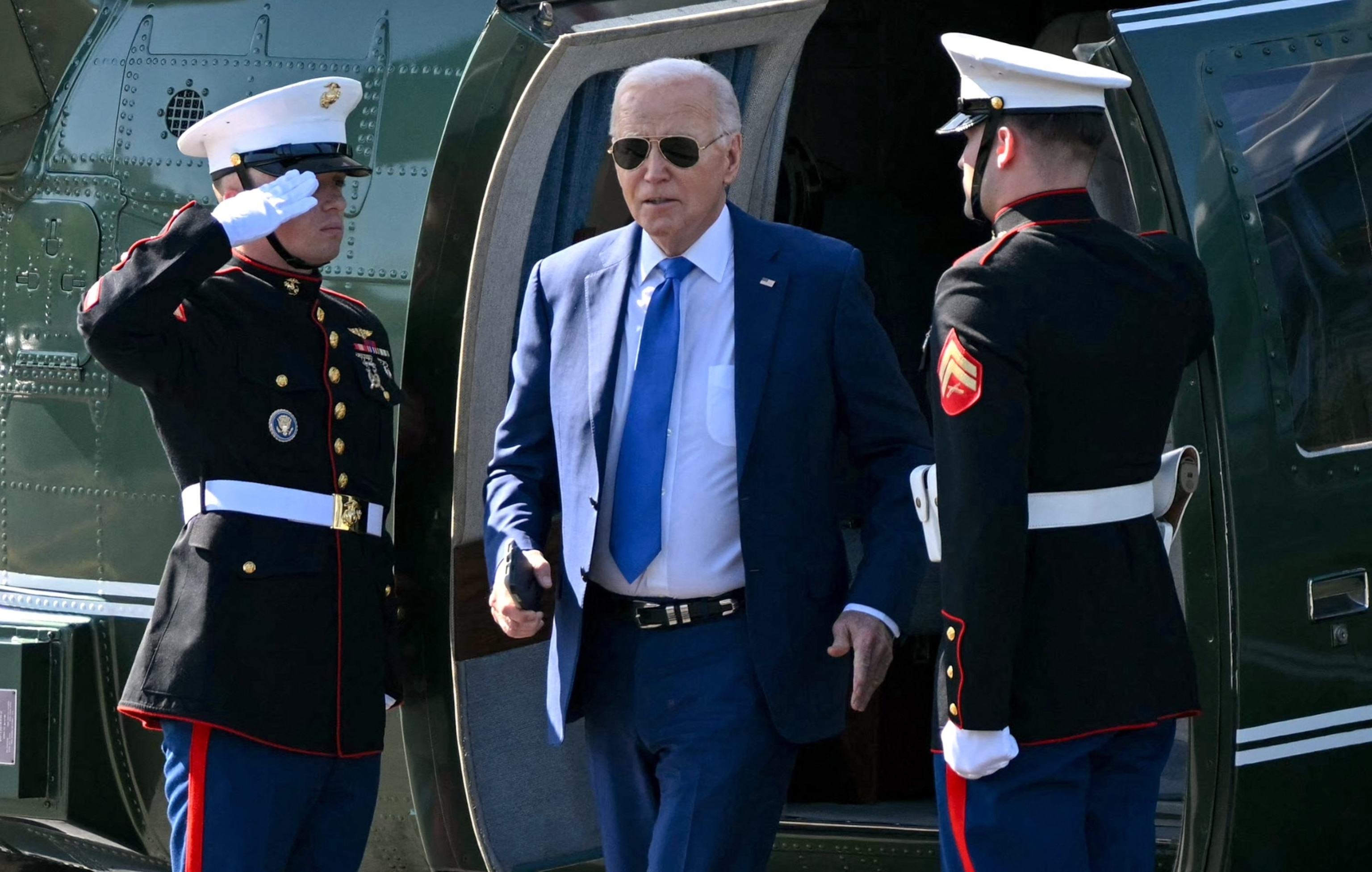 PHOTO: President Joe Biden steps off Marine One upon arrival at Soldier Field Landing Zone in Chicago, on May 8, 2024. 