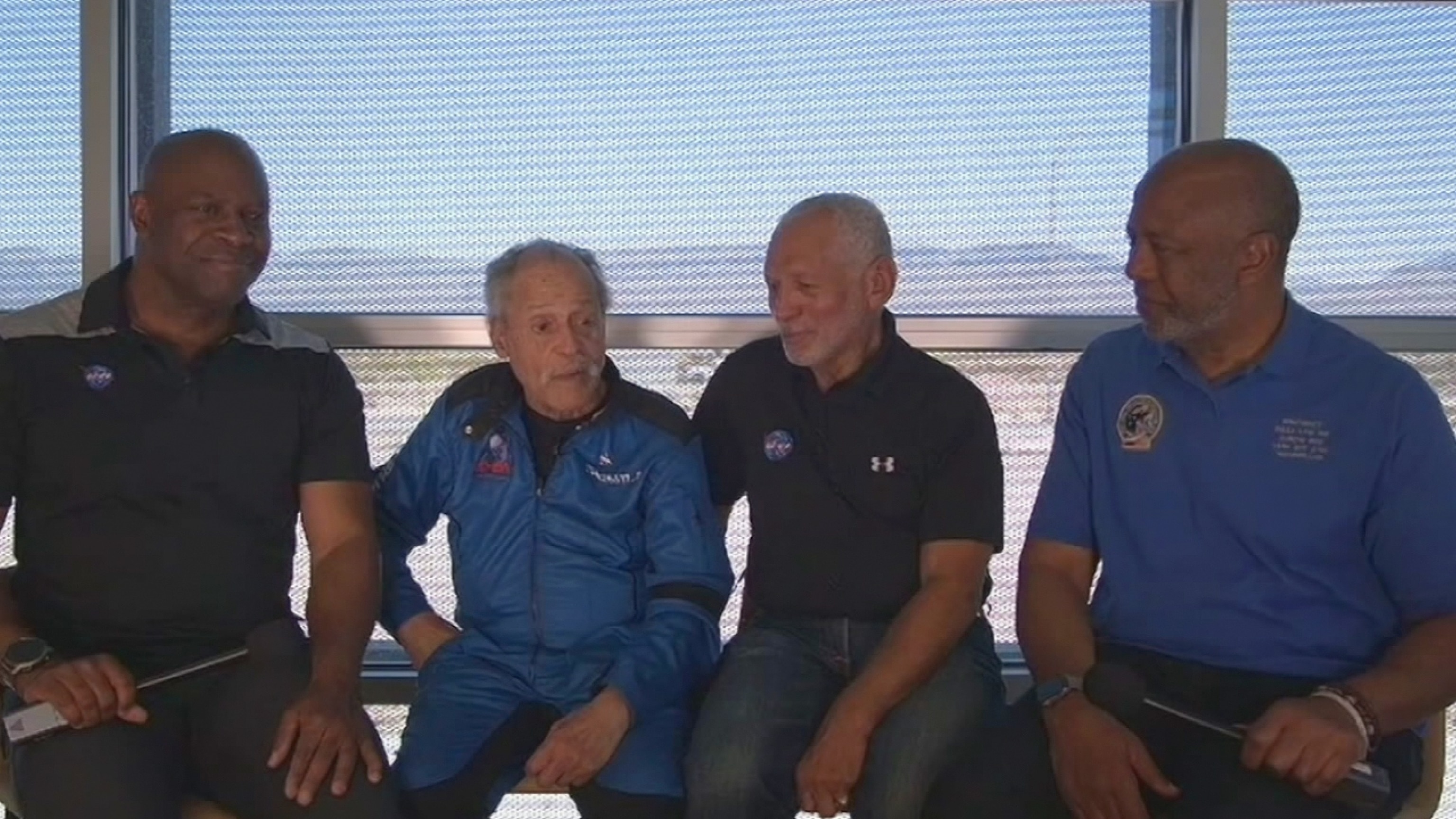 PHOTO: Following his historic flight to space, 90-year-old Ed Dwight, second from left, speaks with retired NASA astronauts Leland Melvin, Charles Bolden Jr. and Bernard Harris on May 19, 2024.
