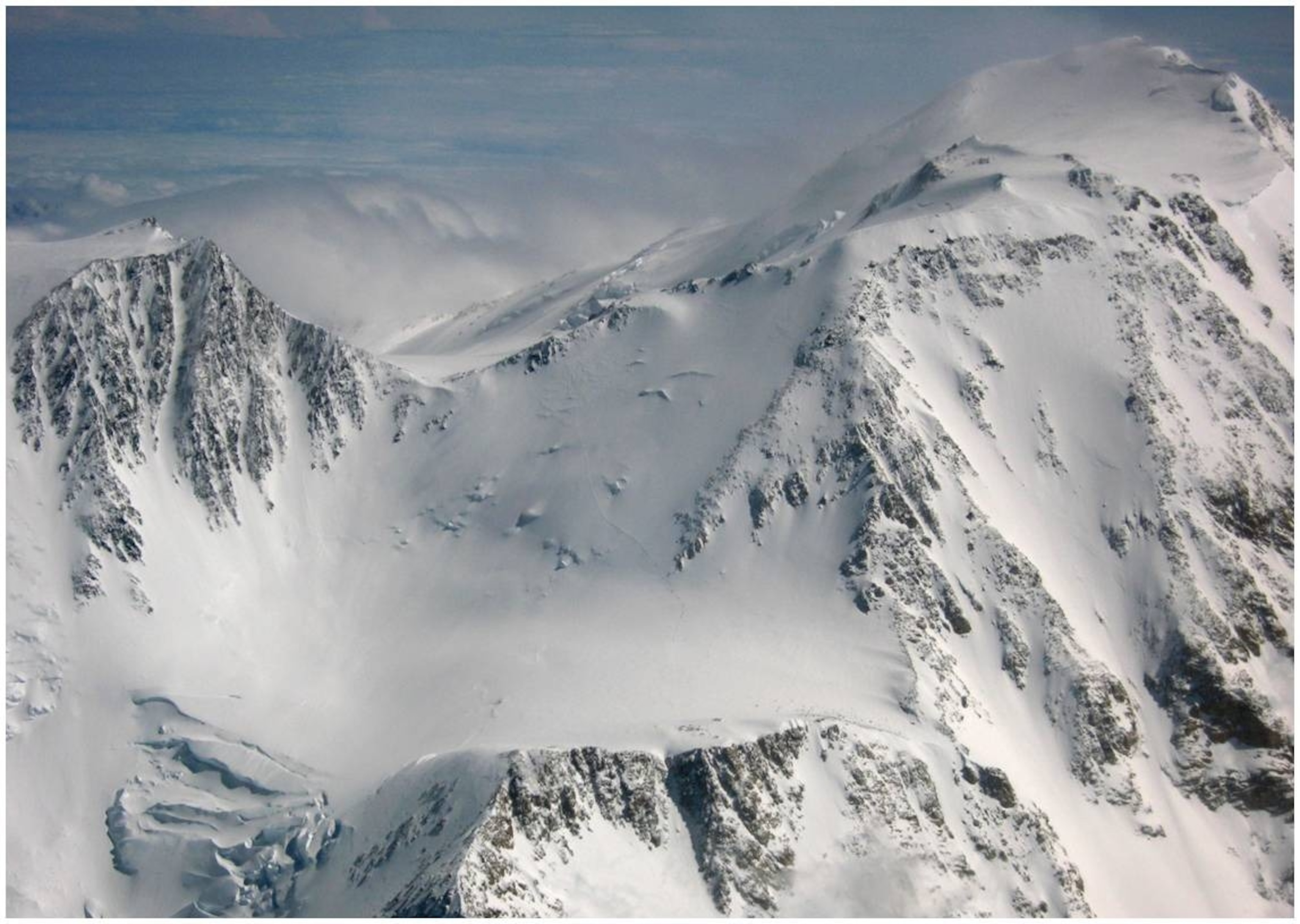 PHOTO: The upper portion of the West Buttress Route of Denali, showing the approximate location of the incident. The South Summit of Denali is in the upper right. 