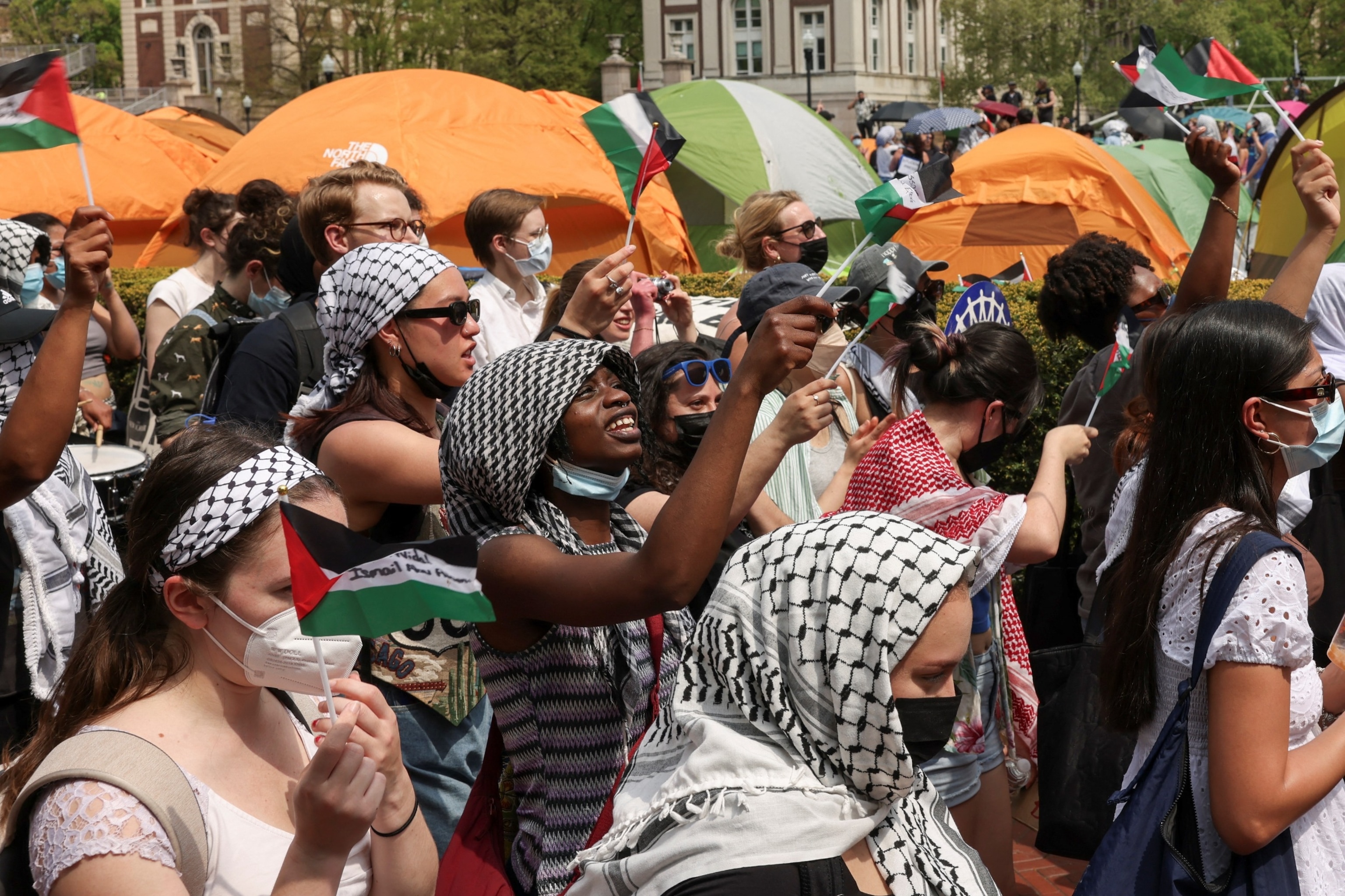 PHOTO: Students march and rally on Columbia University campus in support of a protest encampment supporting Palestinians during the ongoing conflict between Israel and the Palestinian Islamist group Hamas, in New York City, April 29, 2024. 