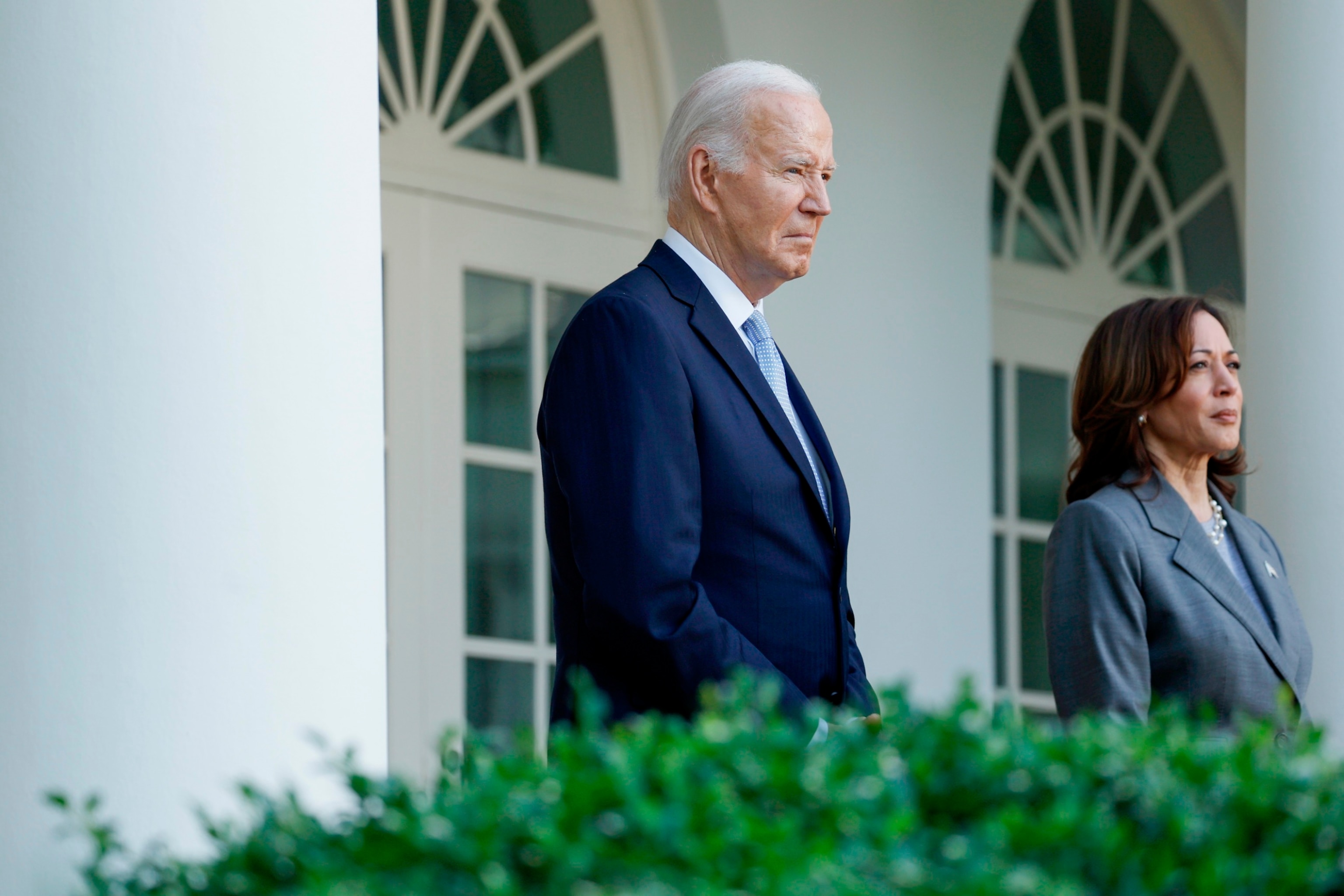 PHOTO: President Joe Biden and Vice President Kamala Harris listen as Second gentleman Doug Emhoff speaks at an event celebrating Jewish American Heritage Month in the Rose Garden of the White House on May 20, 2024 in Washington, DC.