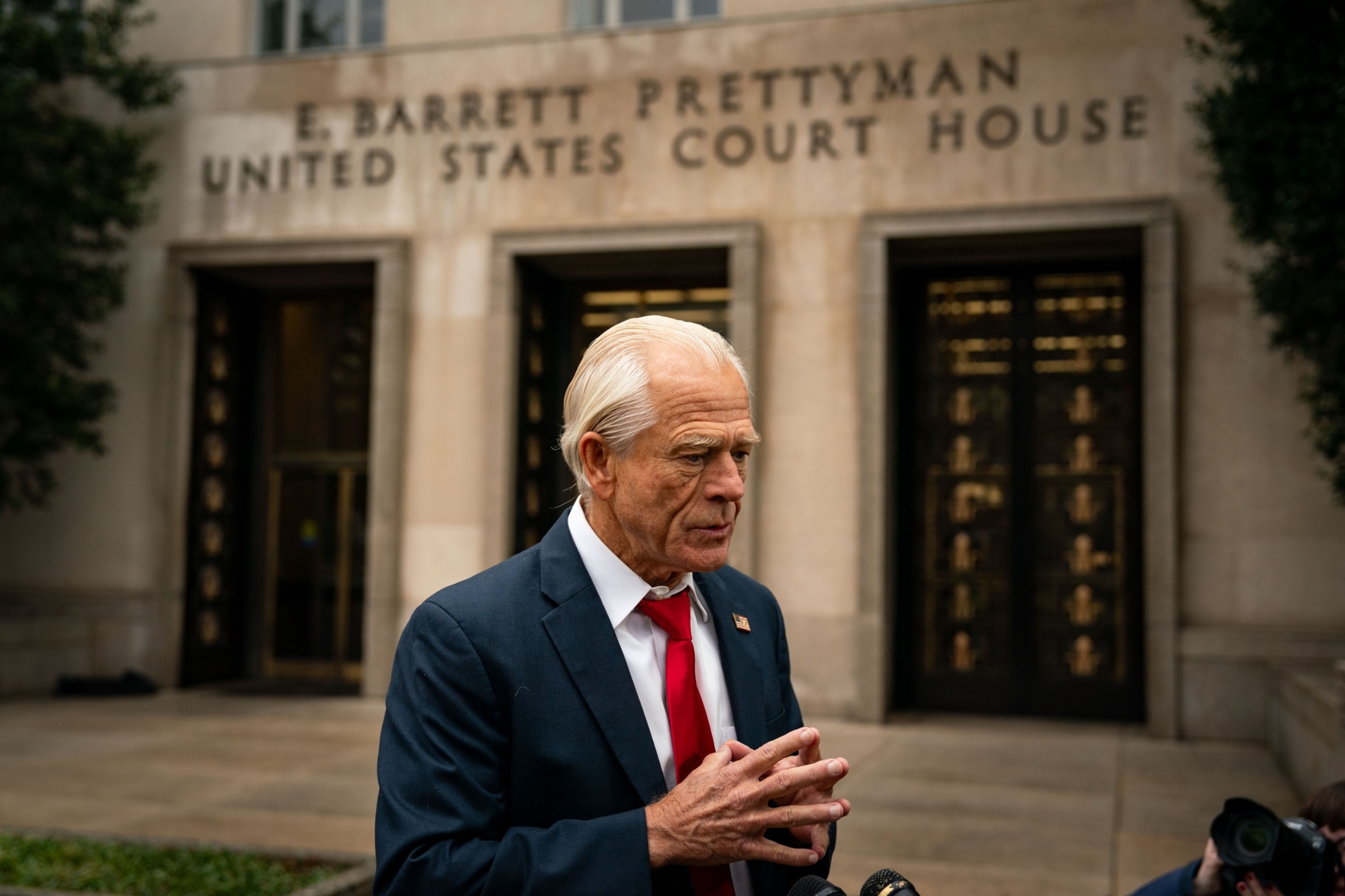 PHOTO: Peter Navarro, former White House trade adviser, speaks to members of the media while arriving for his sentencing at federal court in Washington, DC on Jan. 25, 2024.