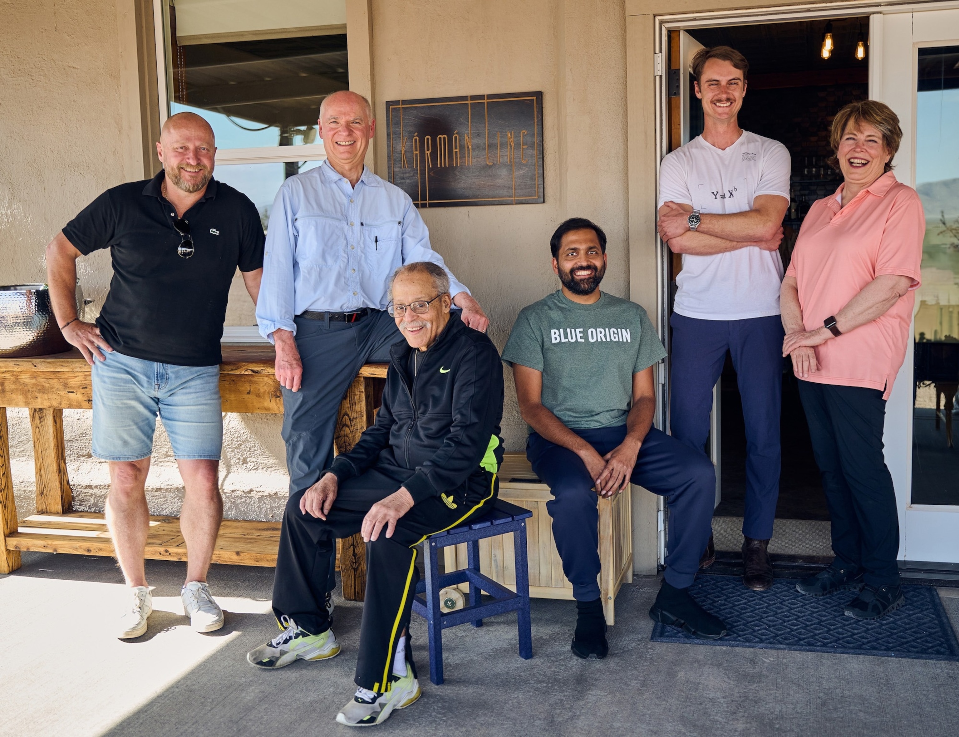 PHOTO: NS-25 astronauts (from left) Sylvain Chiron, Ken Hess, Ed Dwight, Gopi Thotakura, Mason Angel, and Carol Schaller, at the Astronaut Village on May 17, 2024. 