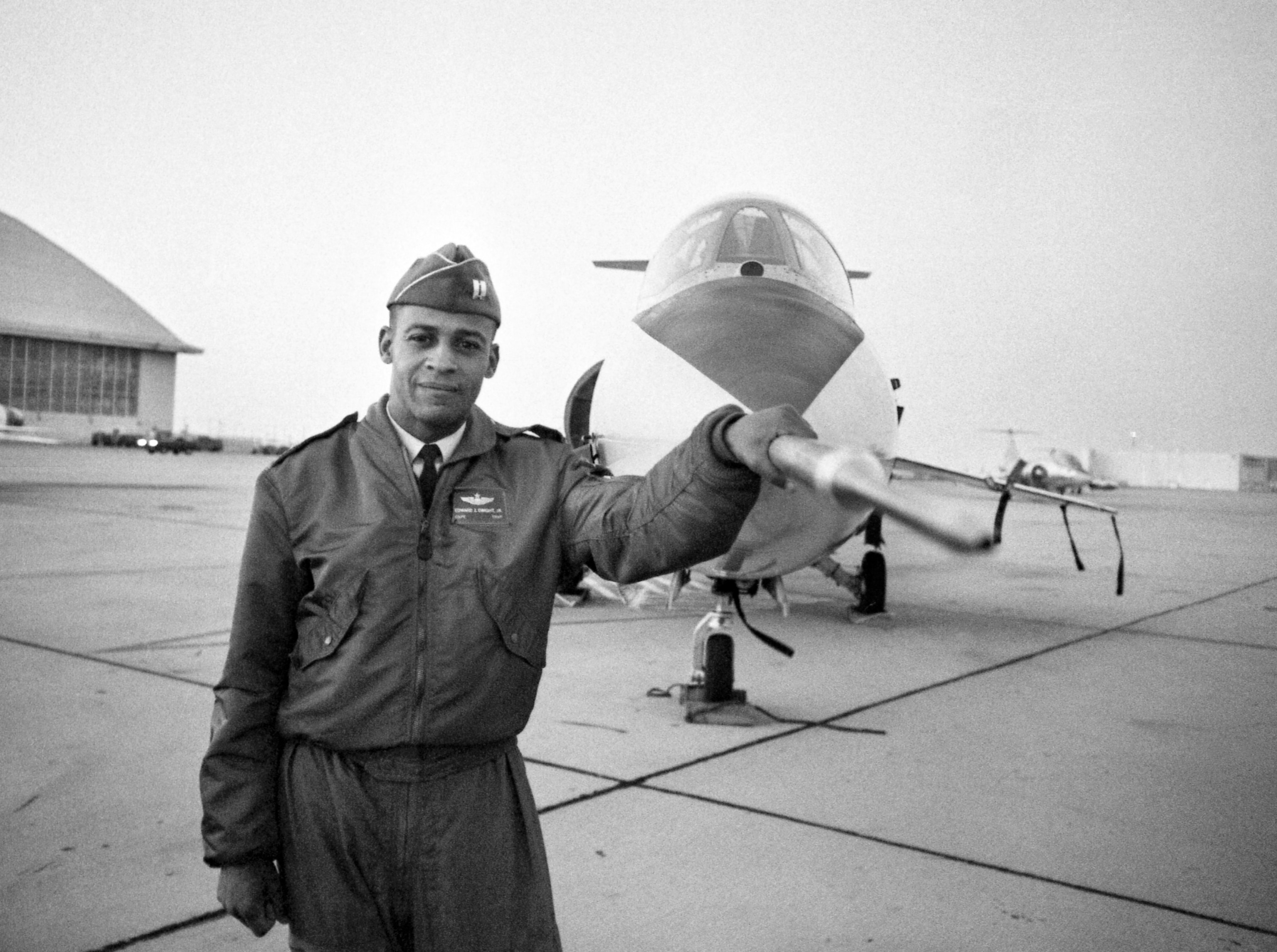 PHOTO: In this April 13, 1963, file photo, Captain Ed Dwight stands in front of the F-104 jet fighter.