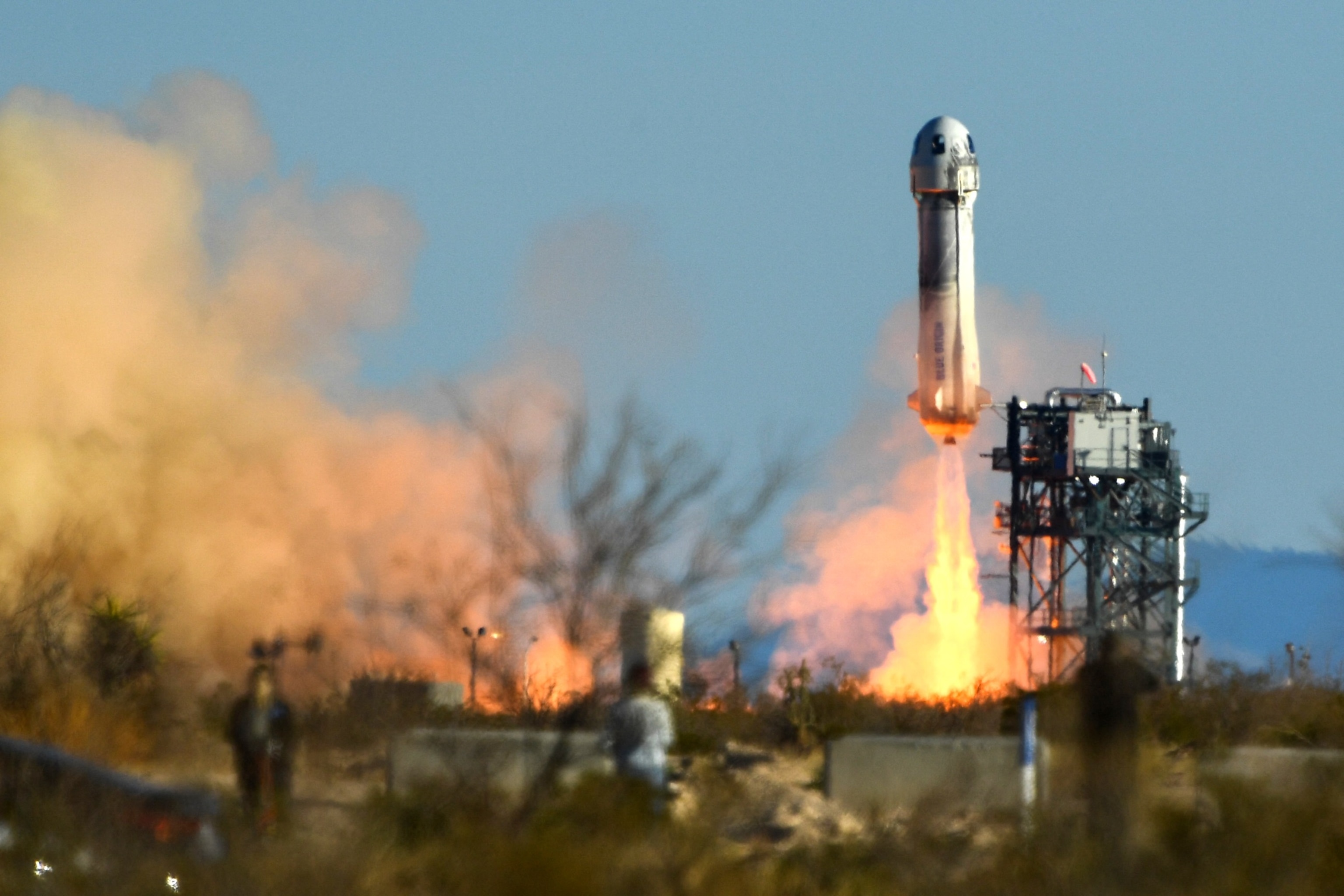 PHOTO: In this March 31, 2022, file photo, a Blue Origin New Shepard rocket launches from Launch Site One in West Texas.