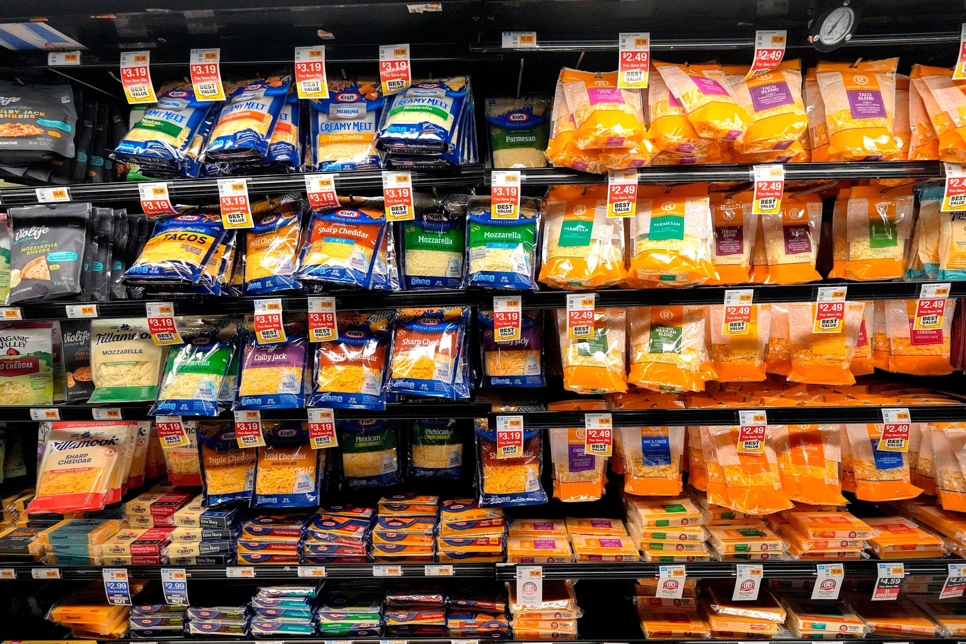 PHOTO: Cheese products are shown at a grocery store in New Orleans, on April 17, 2024. 