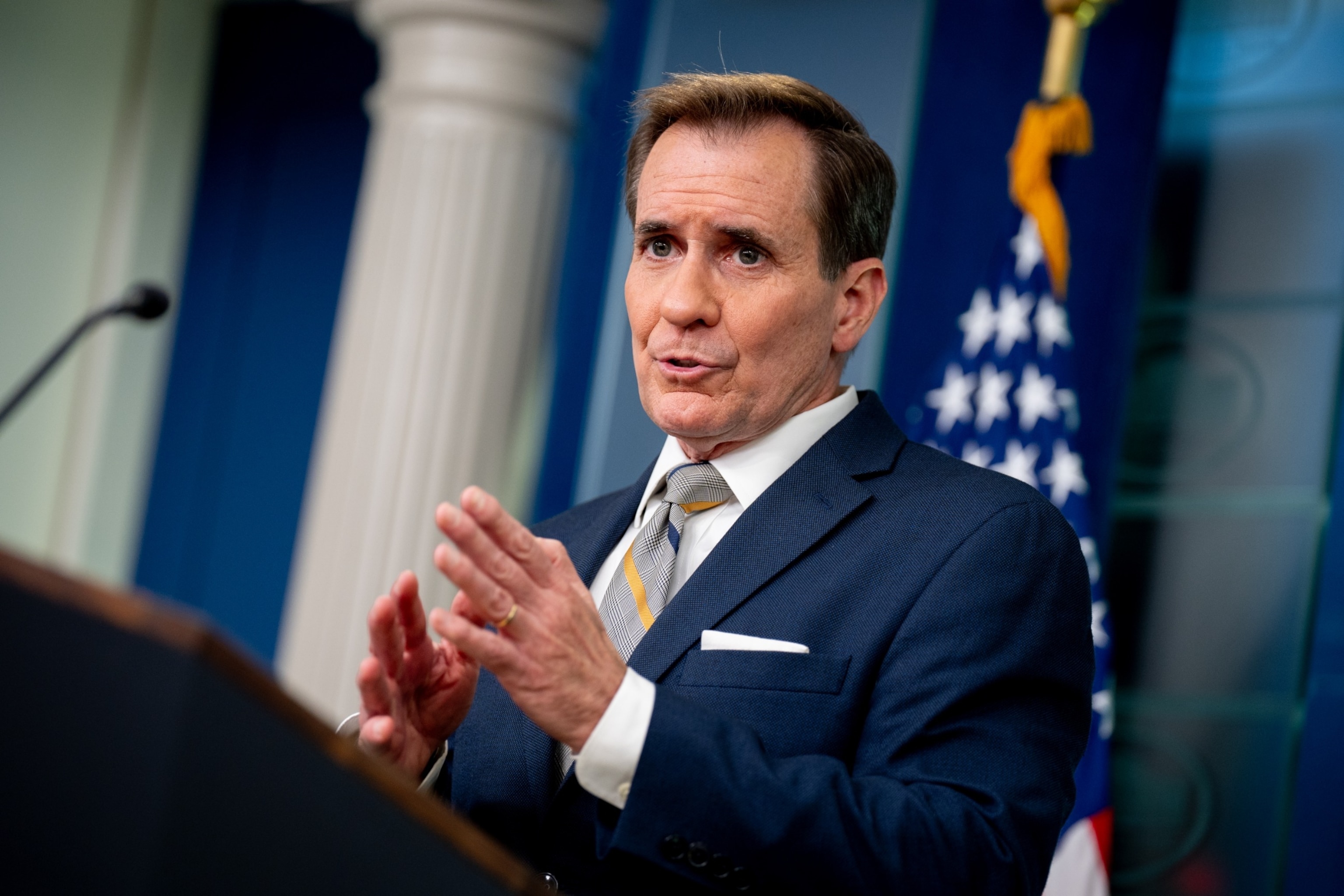PHOTO: White House national security communications adviser John Kirby speaks during a news conference with White House press secretary Karine Jean-Pierre in the Brady Press Briefing Room at the White House on May 6, 2024 in Washington, DC. 
