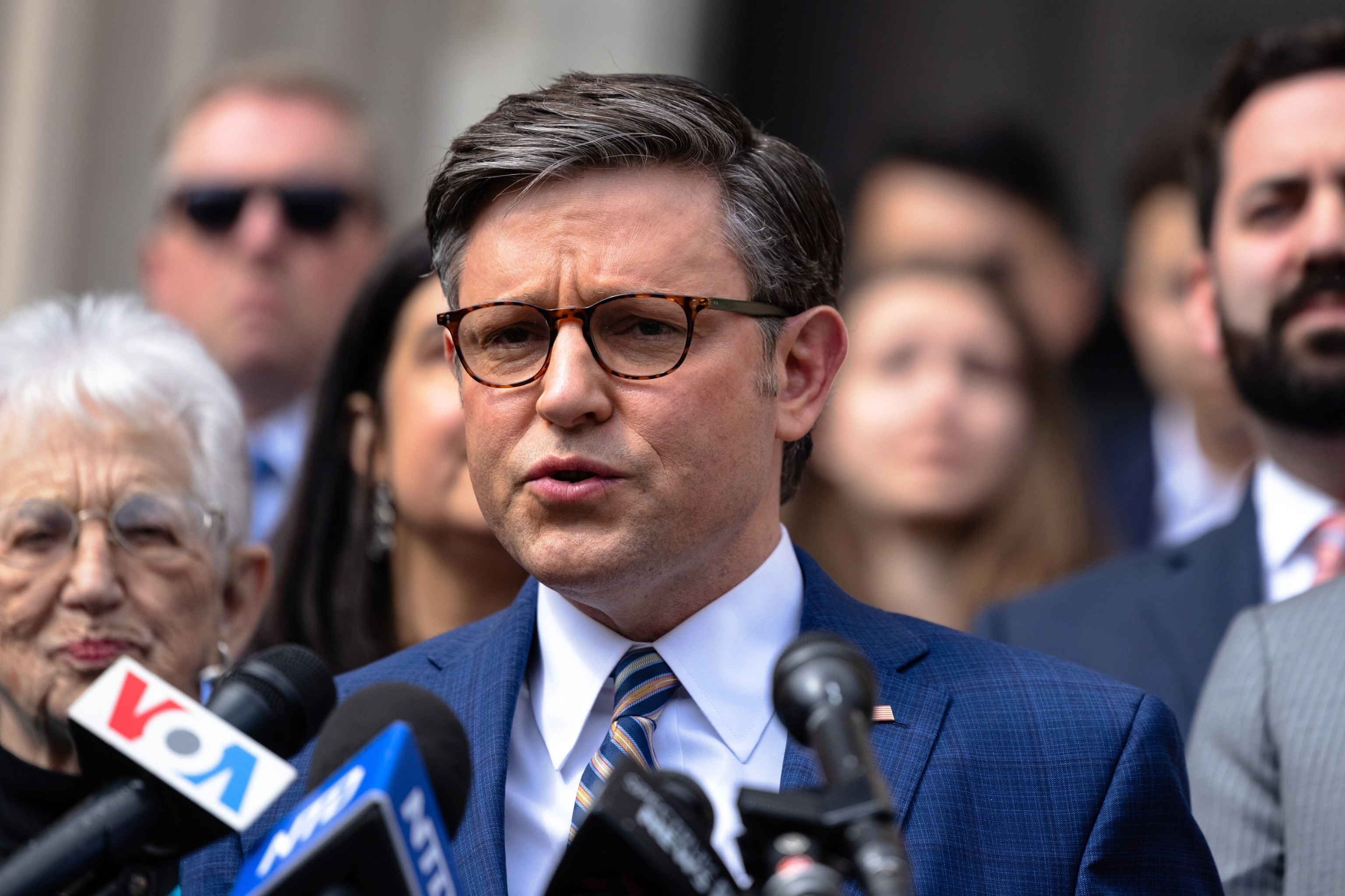 PHOTO: Speaker of the House Mike Johnson (R-LA) speaks during a press conference at Columbia University on April 24, 2024 in New York City.