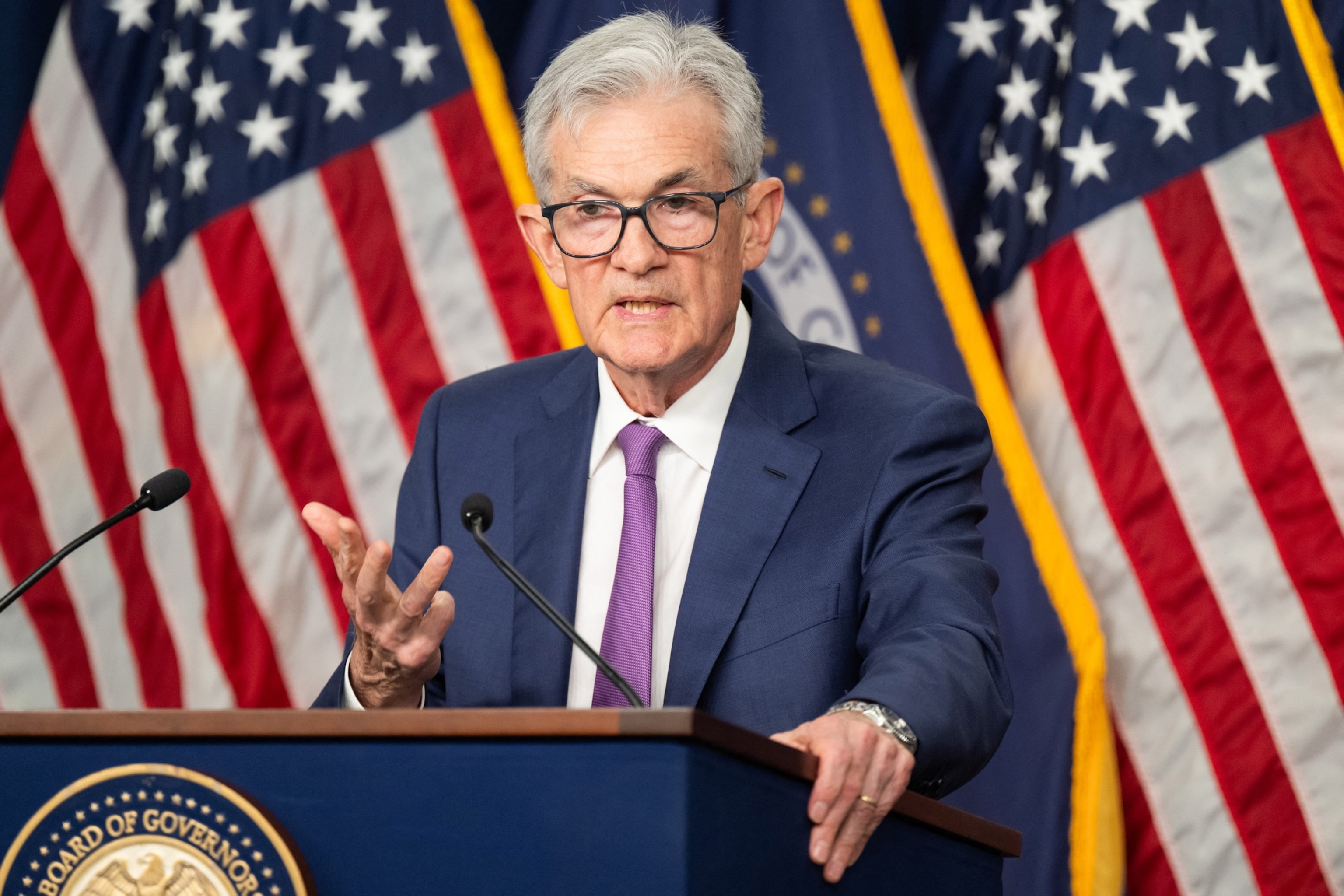 PHOTO: Federal Reserve Chair Jerome Powell holds a press conference at end of the Federal Open Market Committee (FOMC) meeting, in Washington, D.C., on May 1, 2024. 
