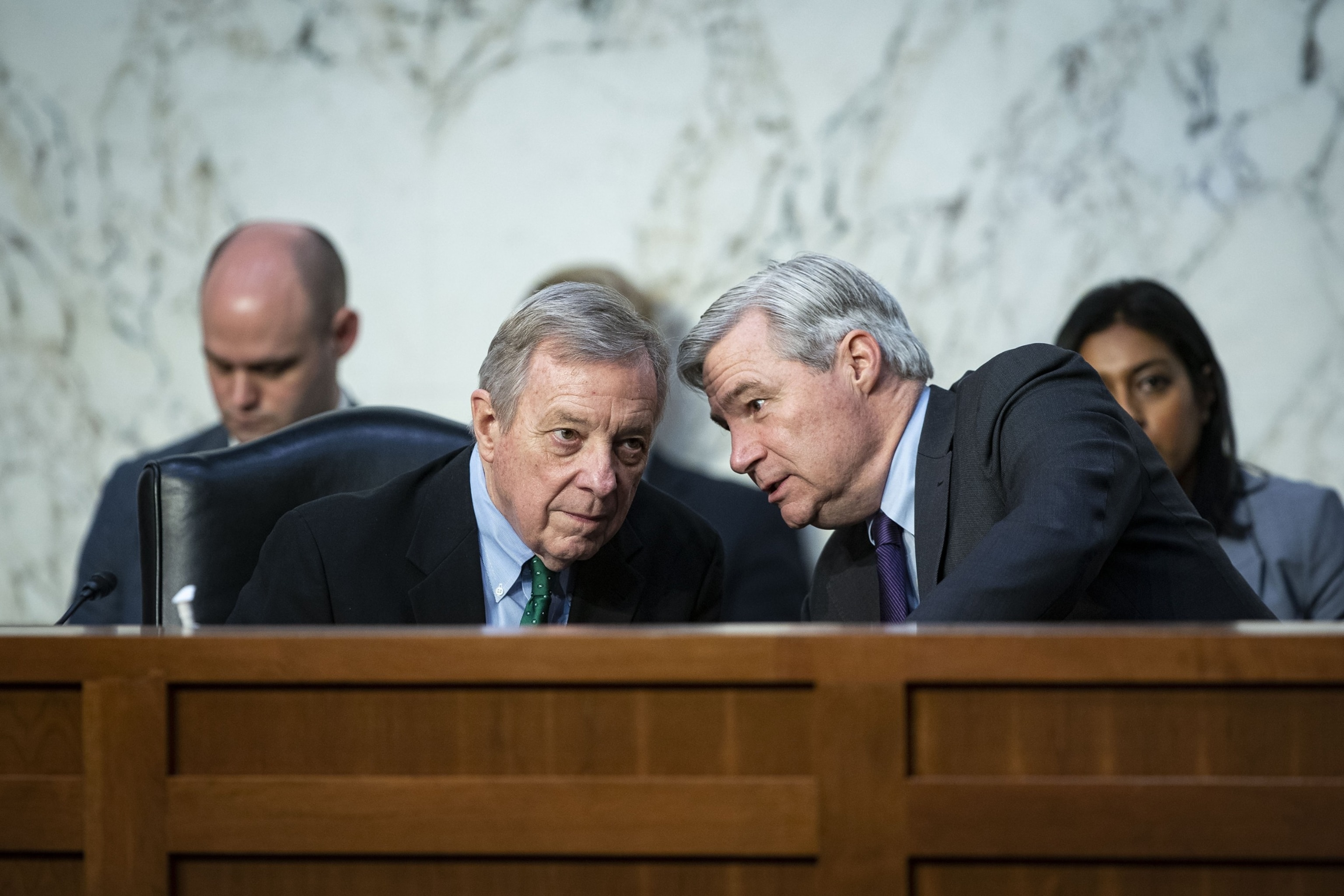 PHOTO: In this March 24, 2022, file photo, Senator Dick Durbin speaks with Senator Sheldon Whitehouse during a confirmation hearing for Ketanji Brown Jackson, associate justice of the U.S. Supreme Court, in Washington, D.C.
