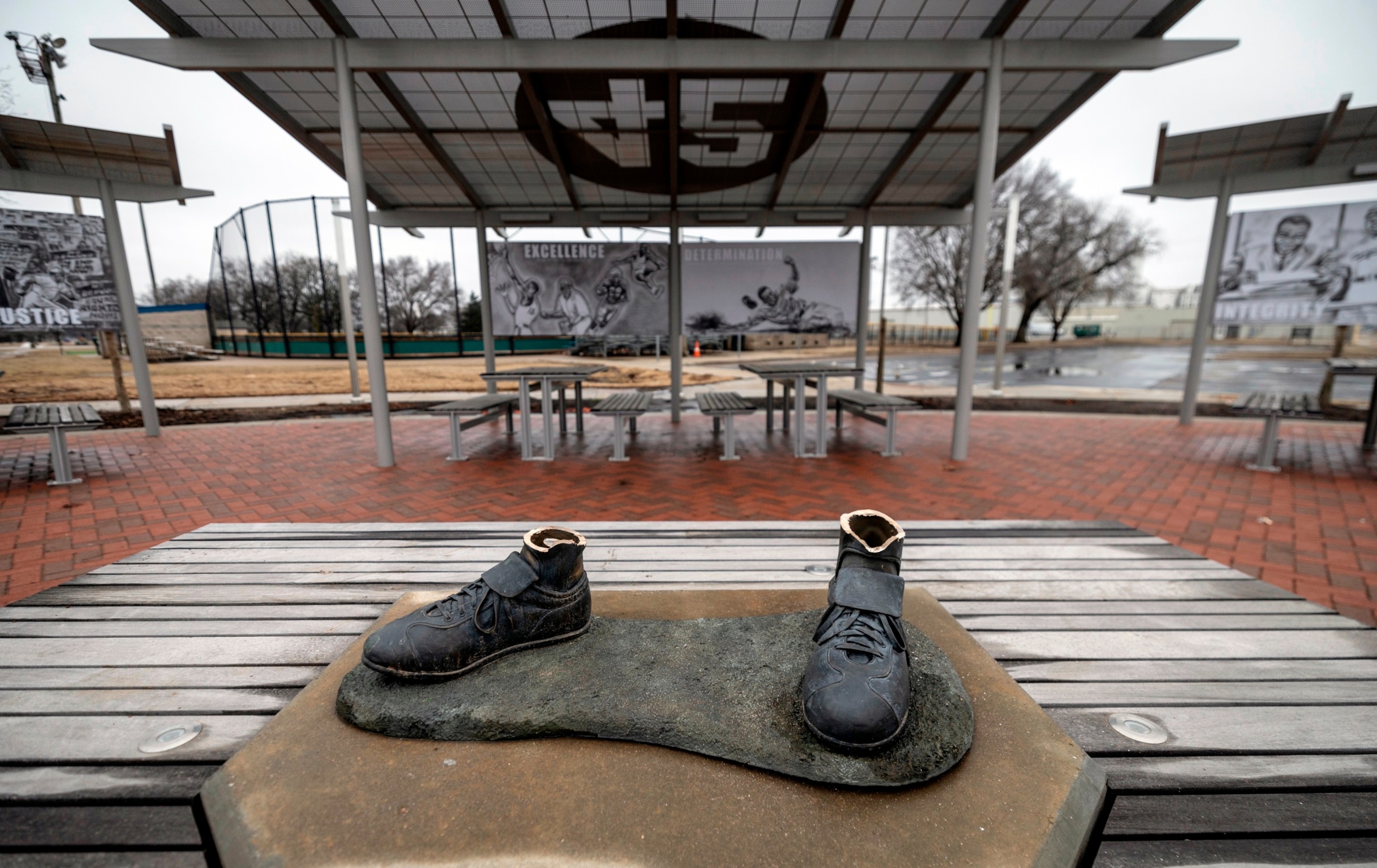 PHOTO: A bronze statue of legendary baseball pioneer Jackie Robinson was stolen from a park in Wichita, Kan., Jan. 25, 2024. 