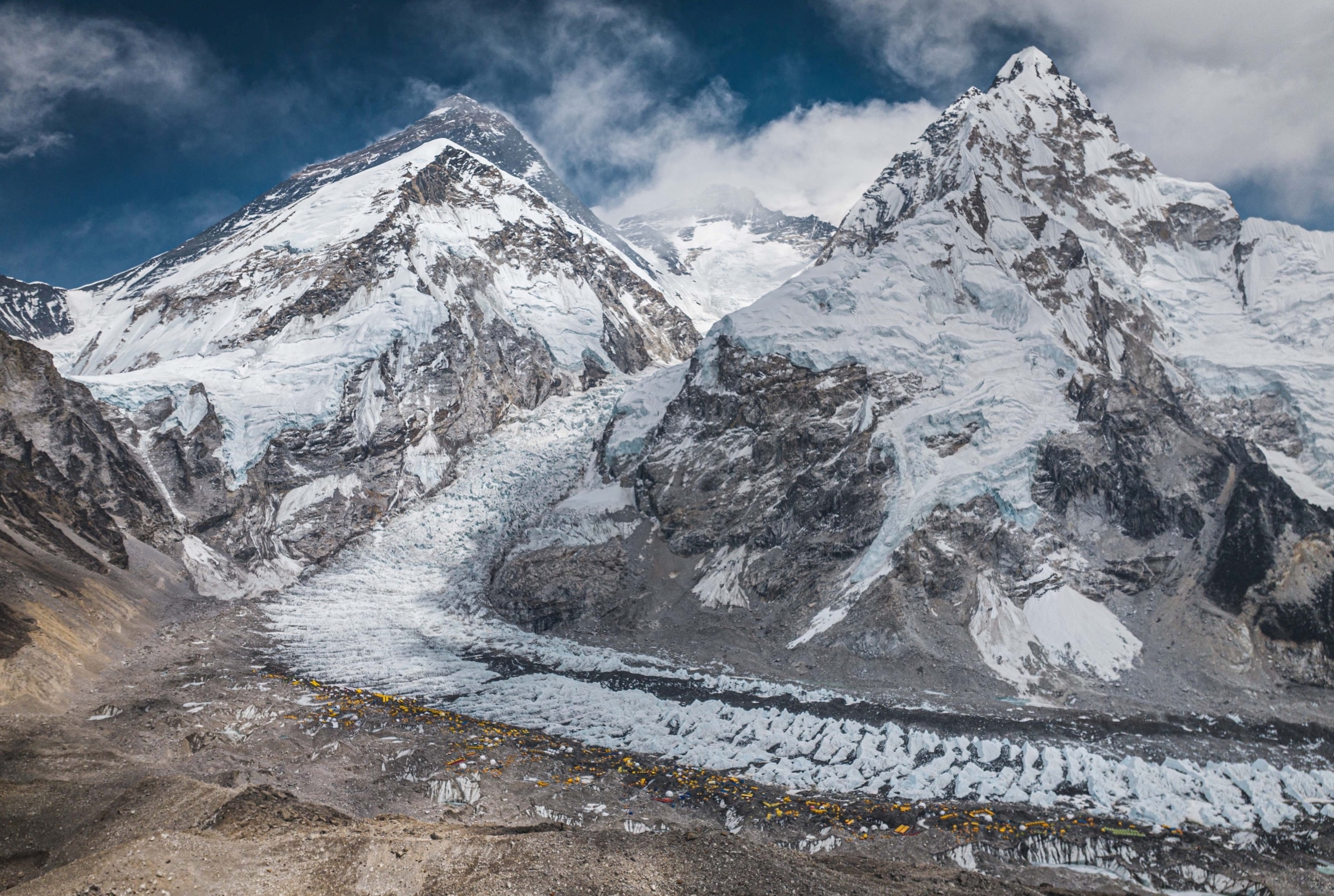 PHOTO: A drone view shows Mount Everest along with Khumbu Glacier and base camp in Nepal, April 30, 2024.