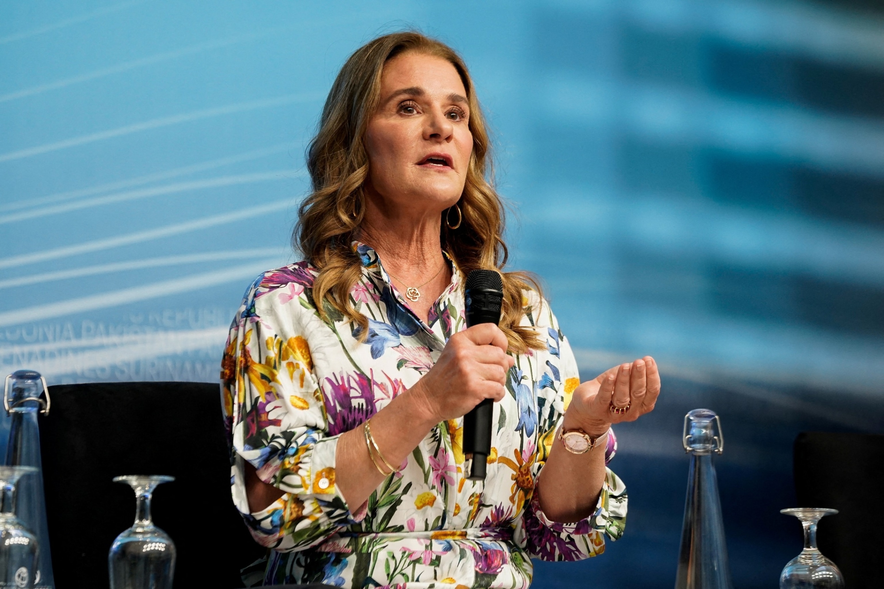 PHOTO: Melinda Gates participates in a panel titled "Empowering Women as Entrepreneurs and Leaders" at the 2023 Spring Meetings of the World Bank Group and the International Monetary Fund in Washington, U.S., April 13, 2023.