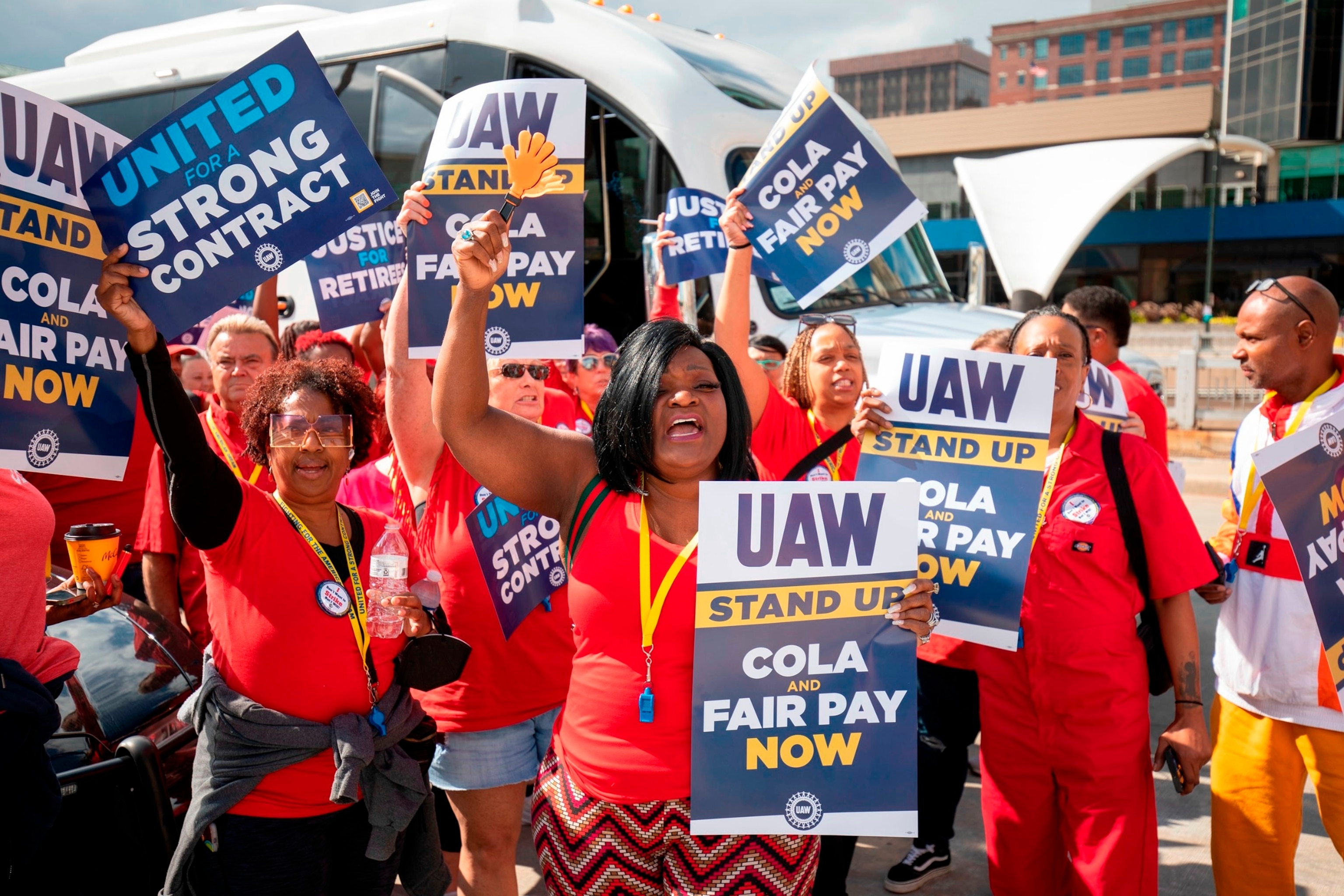 PHOTO: United Auto Workers members attend a solidarity rally as the UAW strikes the Big Three auto makers in Detroit, MI, Sept. 15, 2023.