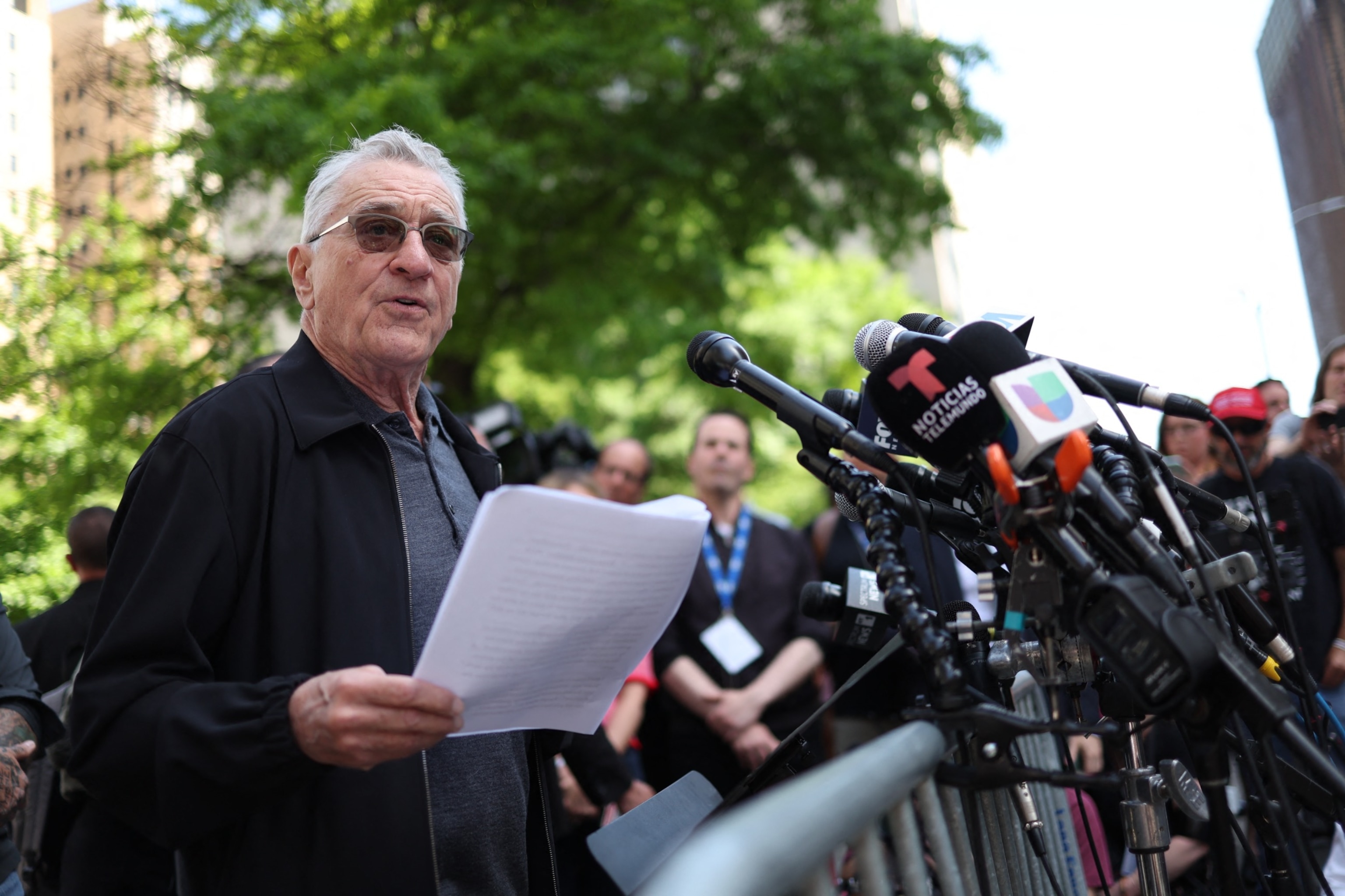 PHOTO: Actor Robert De Niro speaks in support of President Joe Biden outside of Manhattan Criminal Court as former President and Donald Trump attends his criminal trial in New York City, May 28, 2024. 
