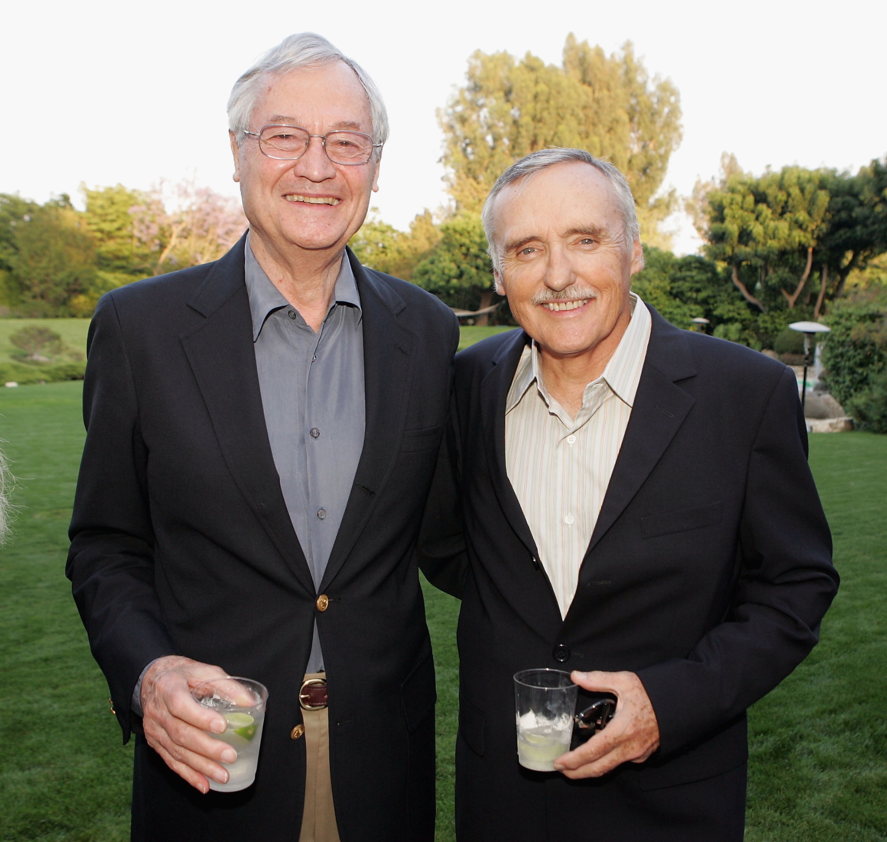 PHOTO: Director Roger Corman and actor Dennis Hopper pose at a special screening of Dennis Hopper's "The Last Movie", newly restored, at the Playboy Mansion on May 31, 2005, in Holmby Hills, California. 