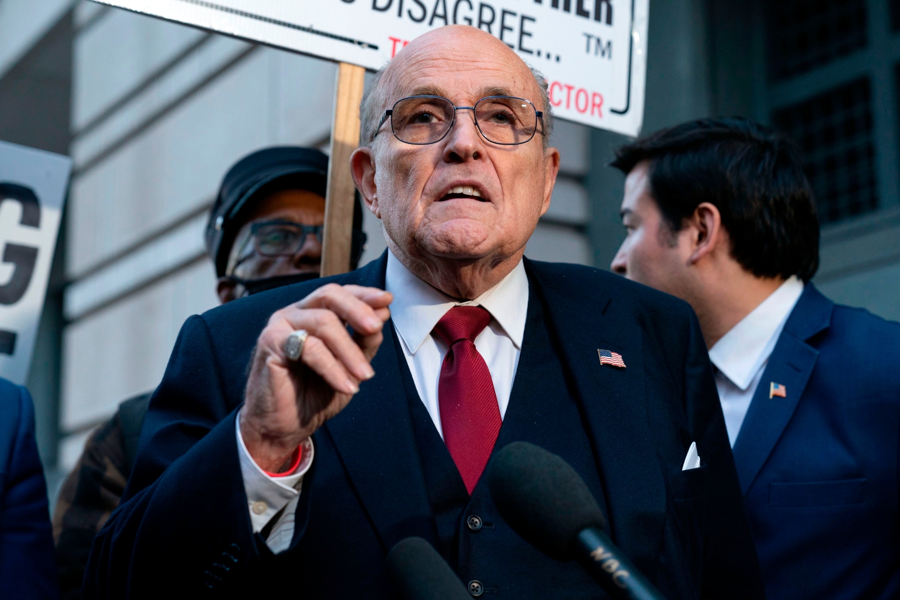 PHOTO: Former mayor of New York Rudy Giuliani speaks during a news conference outside the federal courthouse in Washington, Dec. 15, 2023.