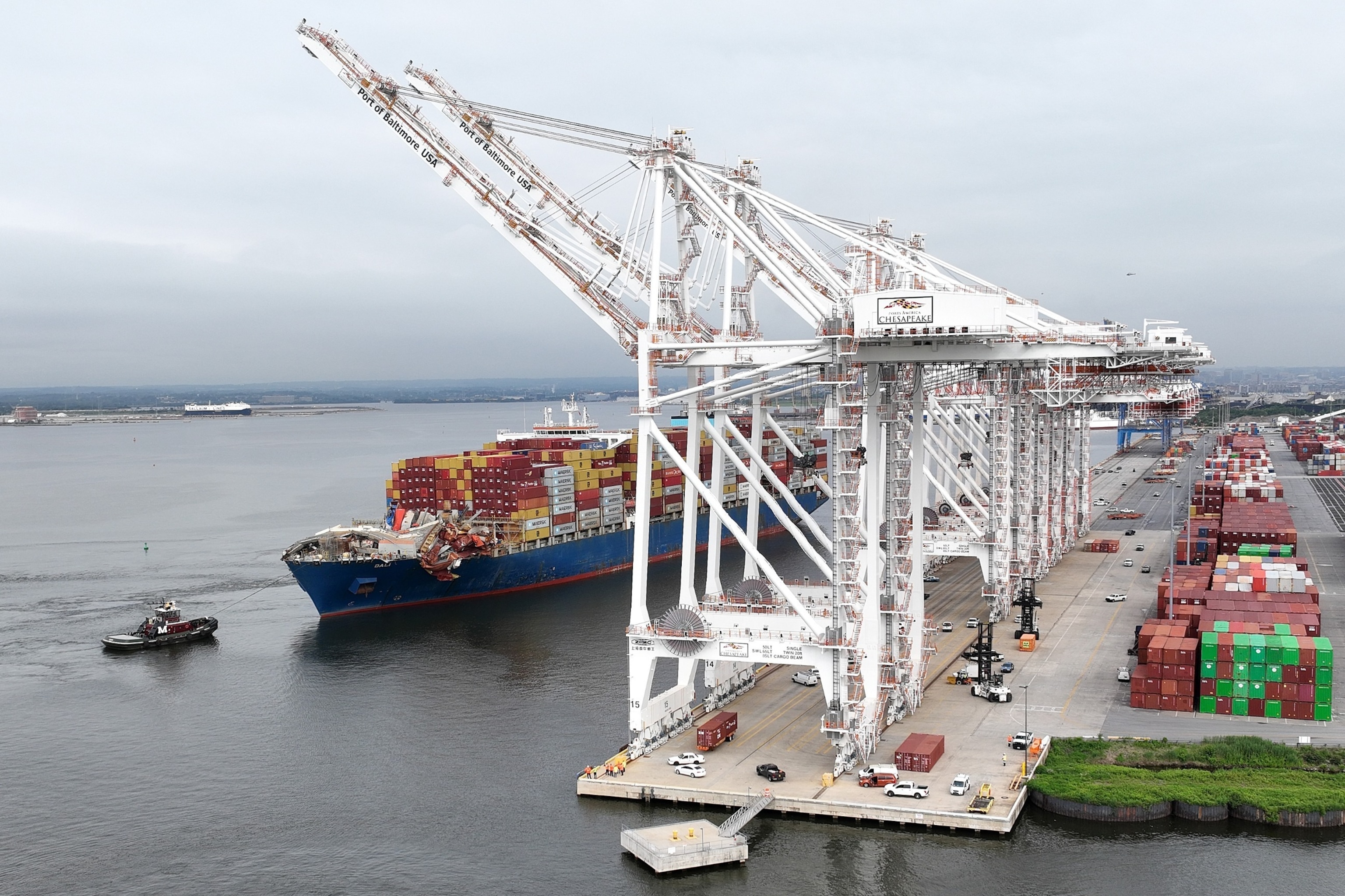 PHOTO: The damaged container ship Dali is maneuvered into the Seagirt Marine Terminal, May 20, 2024, in Baltimore, Md. 