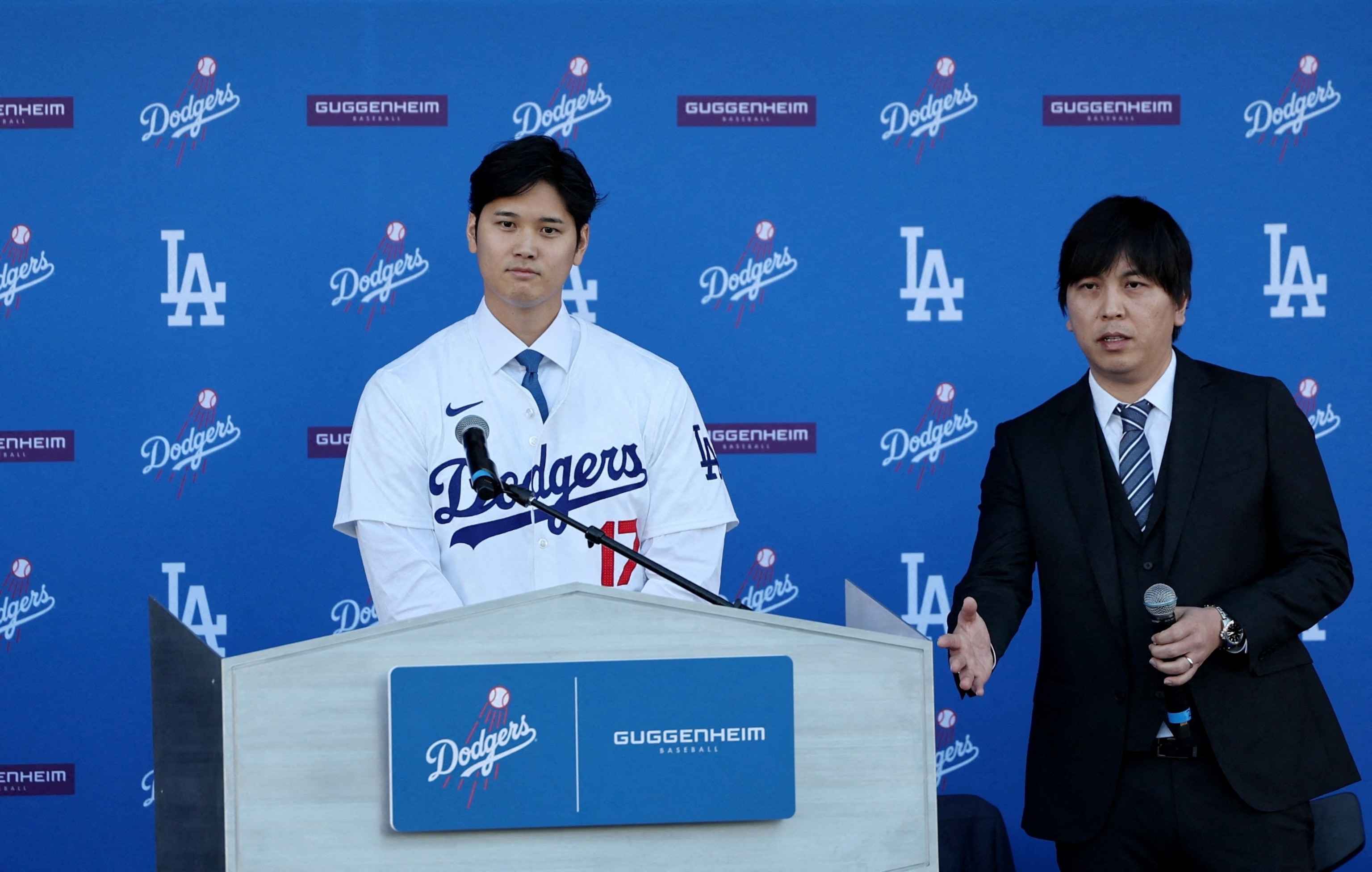 PHOTO: Shohei Ohtani with interpreter Ippei Mizuhara during a press conference at Dodger Stadium in Los Angeles, Dec. 14, 2023.