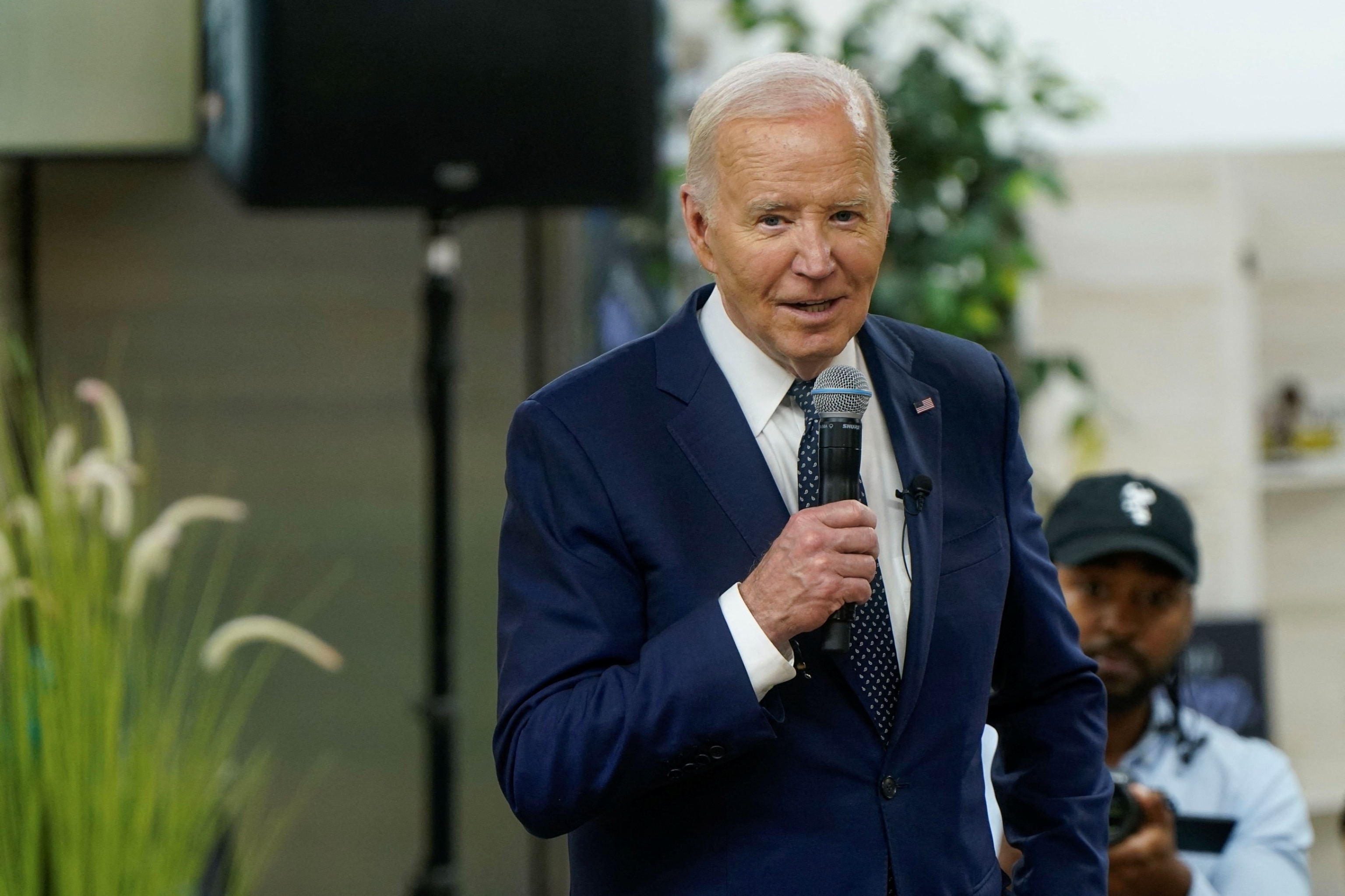 PHOTO: U.S. President Joe Biden speaks as he participates in a campaign event at the CRED Cafe, May 19, 2024, in Detroit.