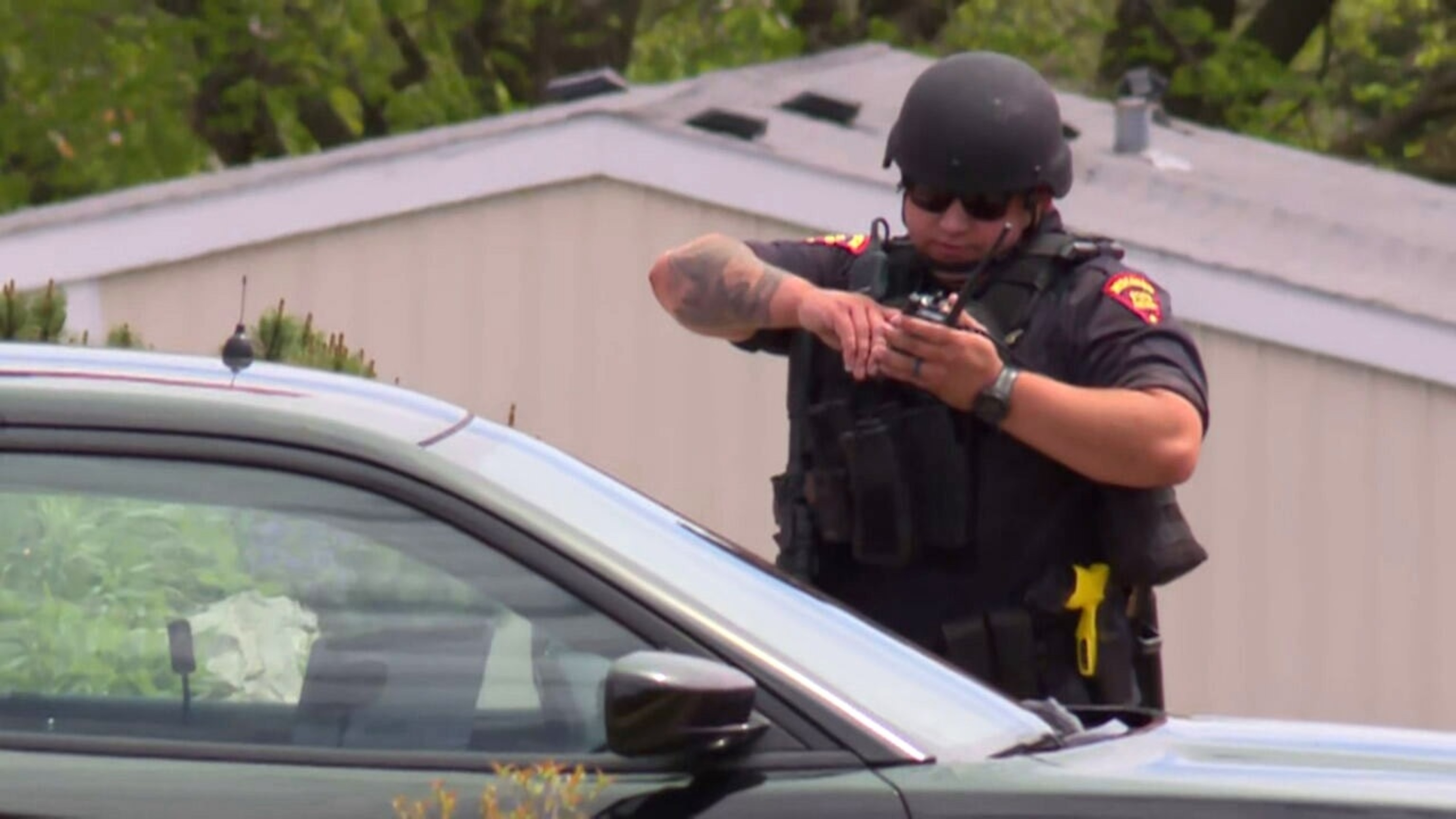 PHOTO: In this screen grab from a video, a law enforcement officer is shown near Mount Horeb school, in Mount Horeb, Wisconsin, on May 1, 2024.