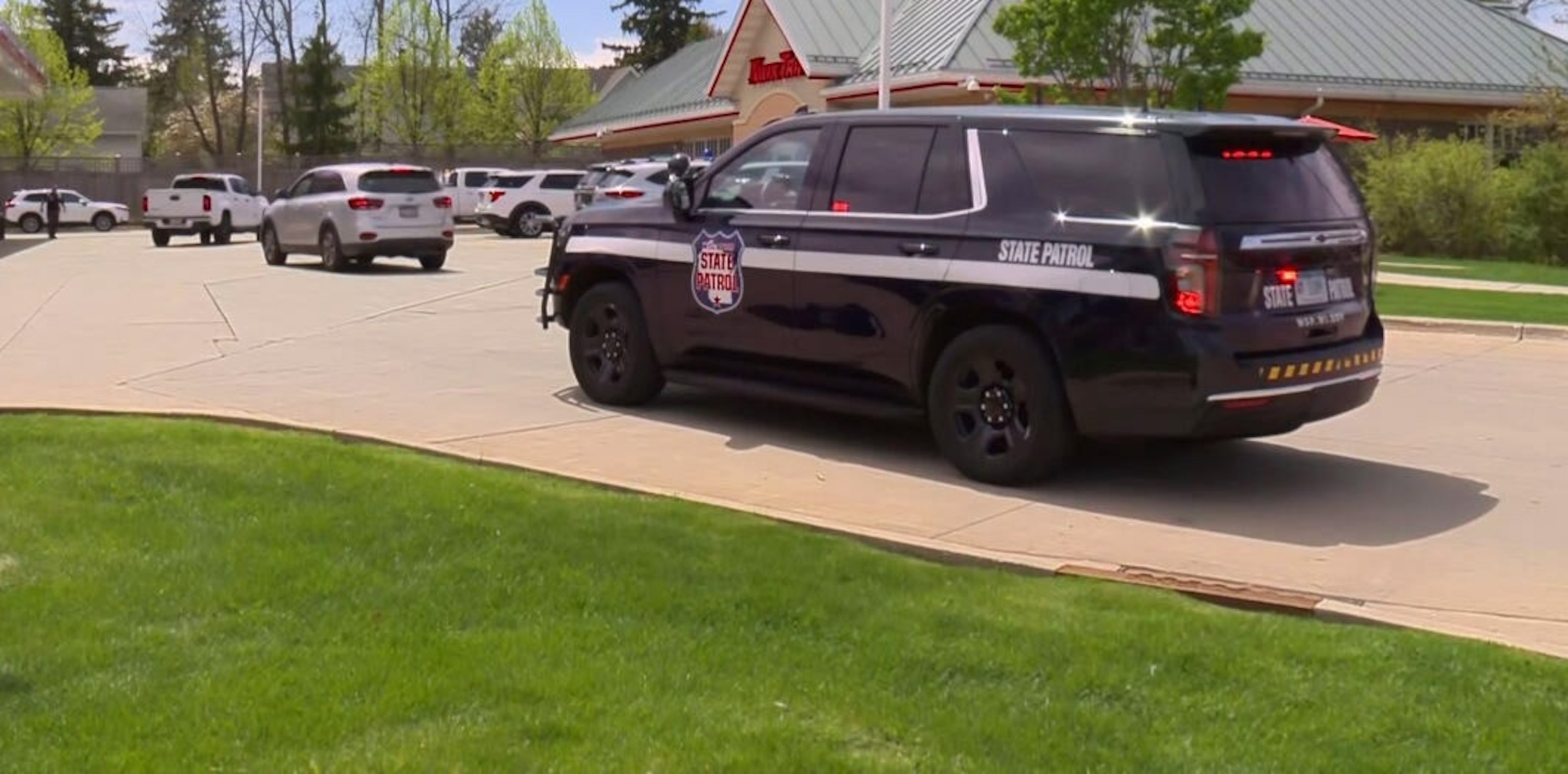 PHOTO: In this screen grab from a video, a patrol car is on the scene near Mount Horeb School after a shooting incident, on May 1, 2024.