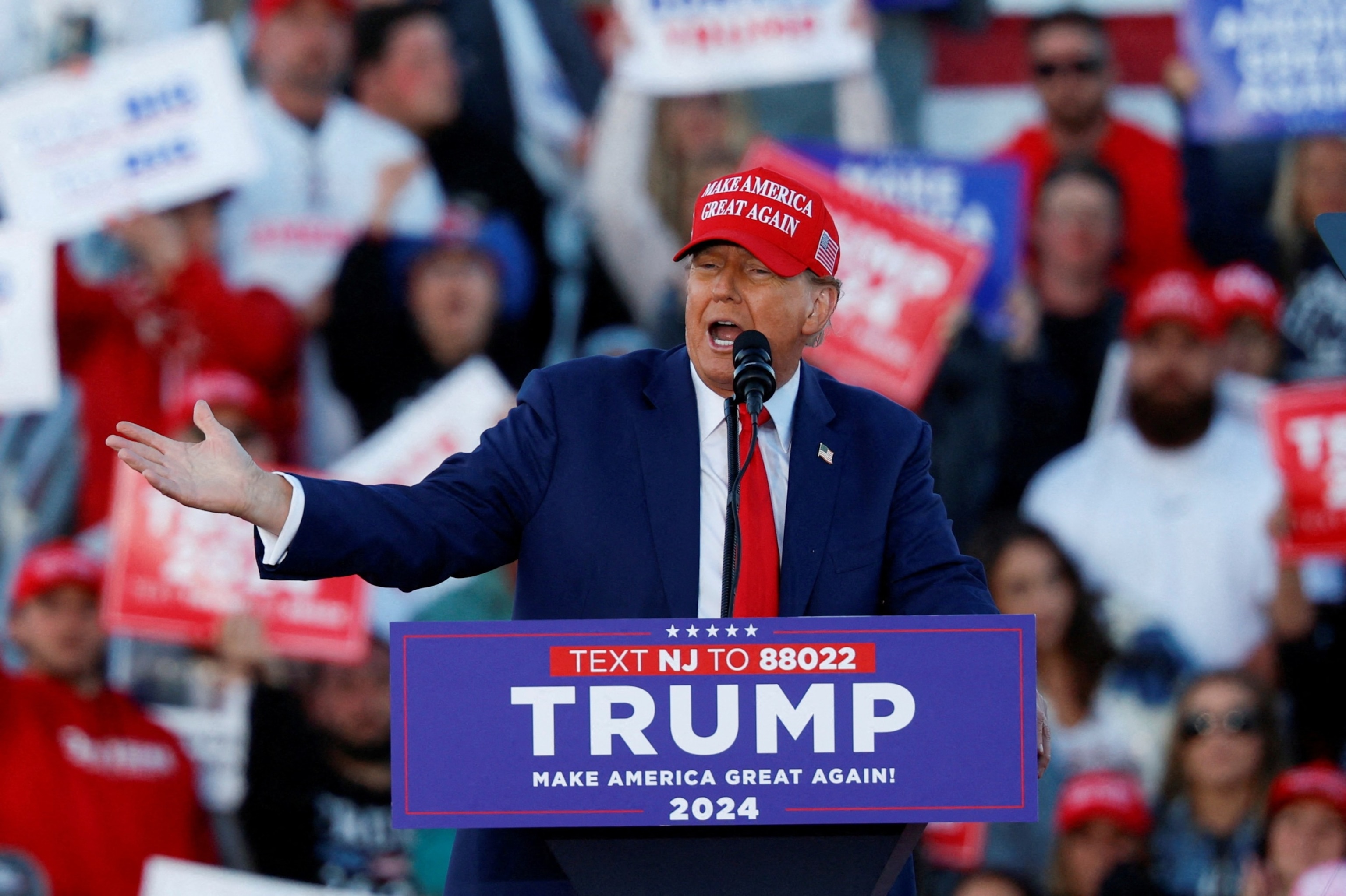 PHOTO: Former U.S. President and Republican presidential candidate Donald Trump attends a campaign rally in Wildwood, N.J., May 11, 2024. 