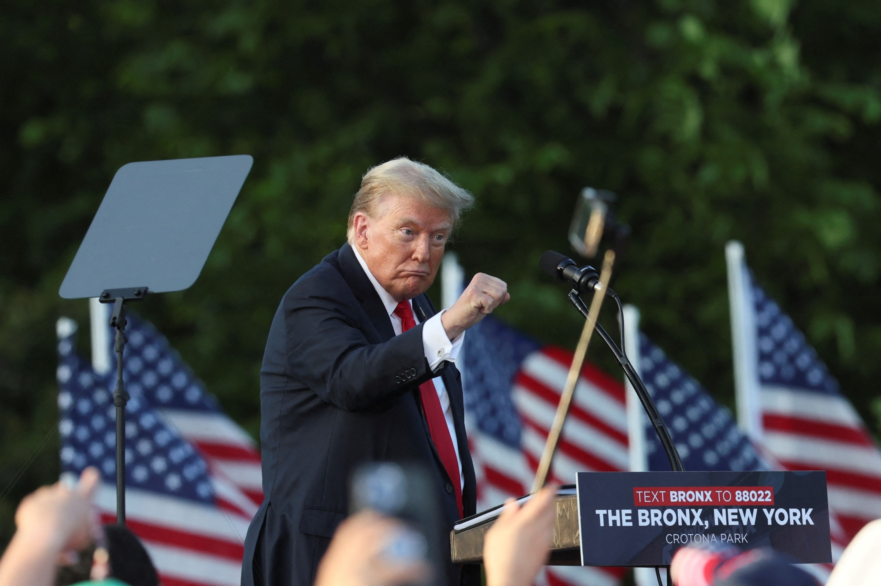 PHOTO: Former U.S. President and Republican presidential candidate Donald Trump holds a campaign rally at Crotona Park in the Bronx, May 23, 2024, in New York.