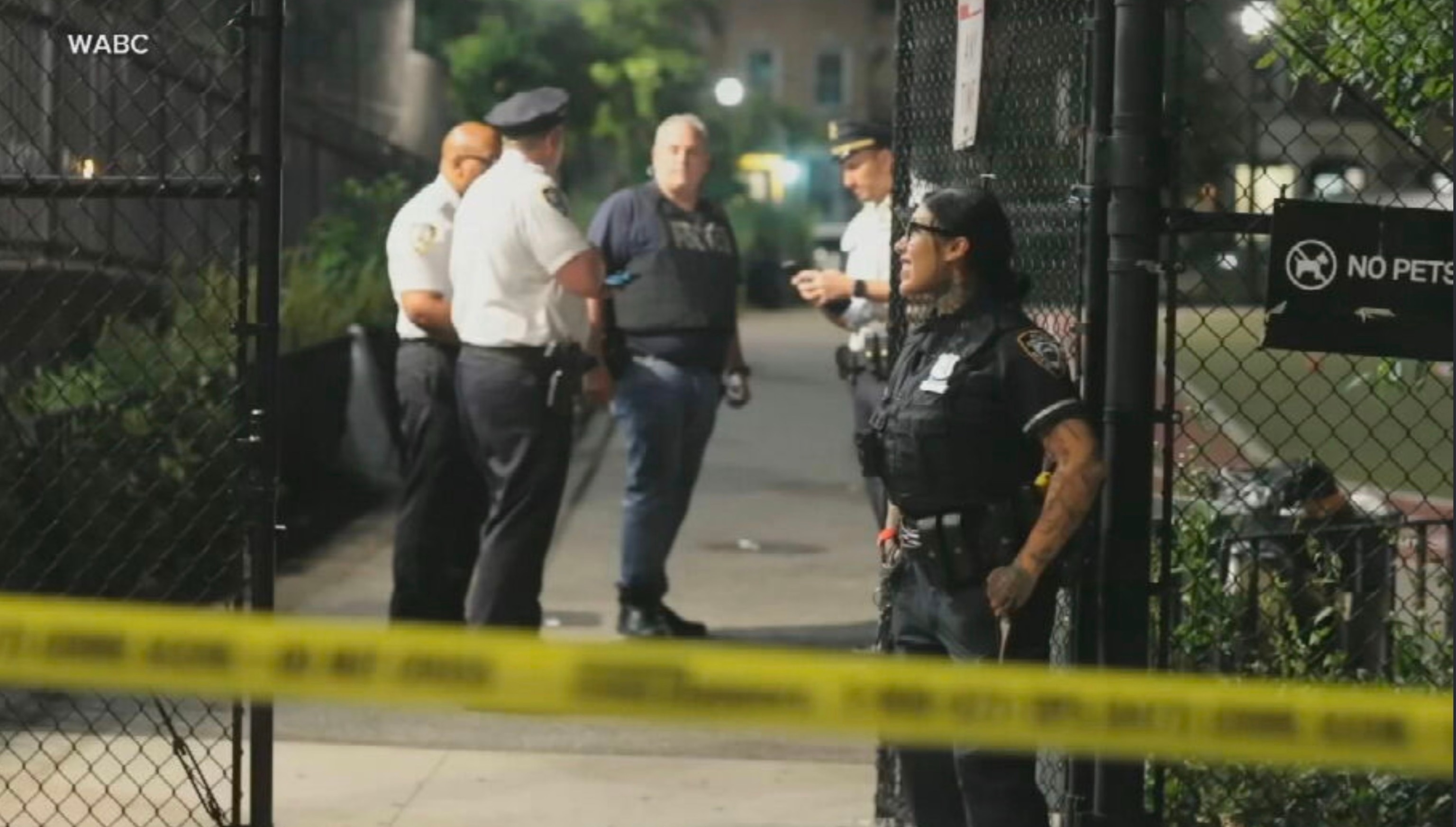 PHOTO: New York City police officers investigate a shooting on June 3, 2024, that left two girls, ages 9 and 11, wounded at a Hilltop Playground in Brownsville, Brooklyn.