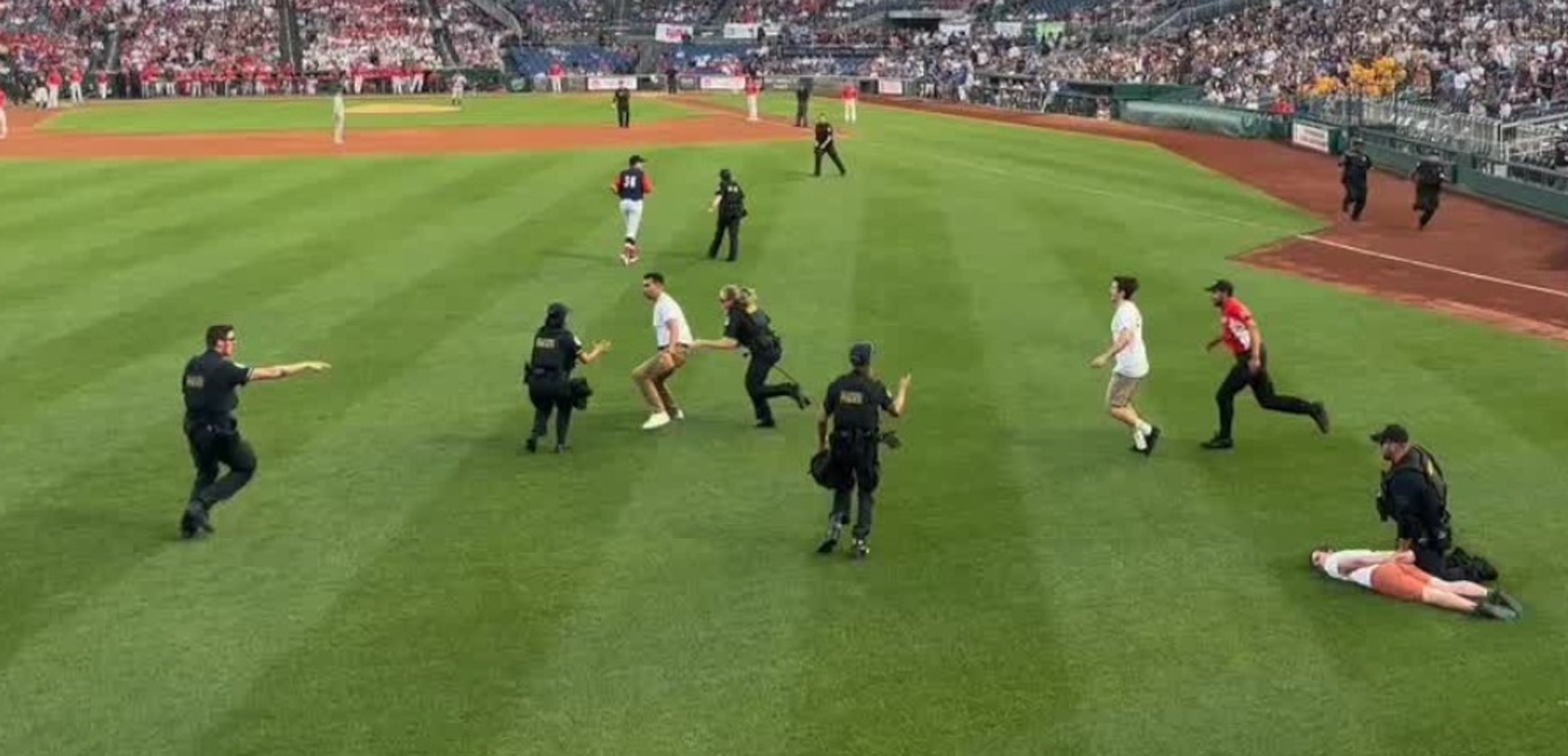 PHOTO: Pro-Palestinian protesters invade the field at the Congressional baseball game in Washington, D.C., on June 12, 2024.