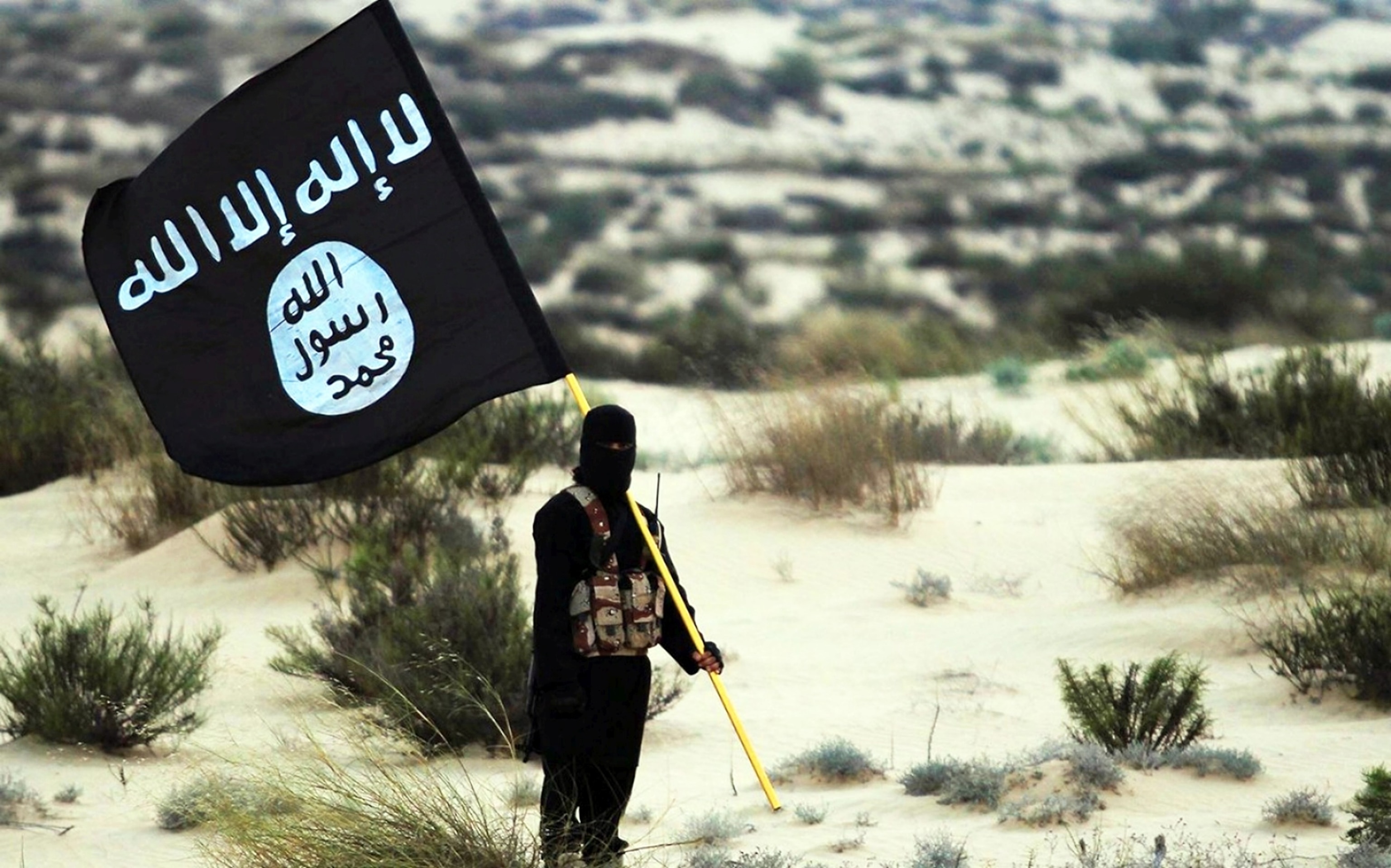 PHOTO: A masked Islamic State soldier poses holding the ISIL banner somewhere in the deserts of Iraq or Syria in an ISIL publicity image, 2015.