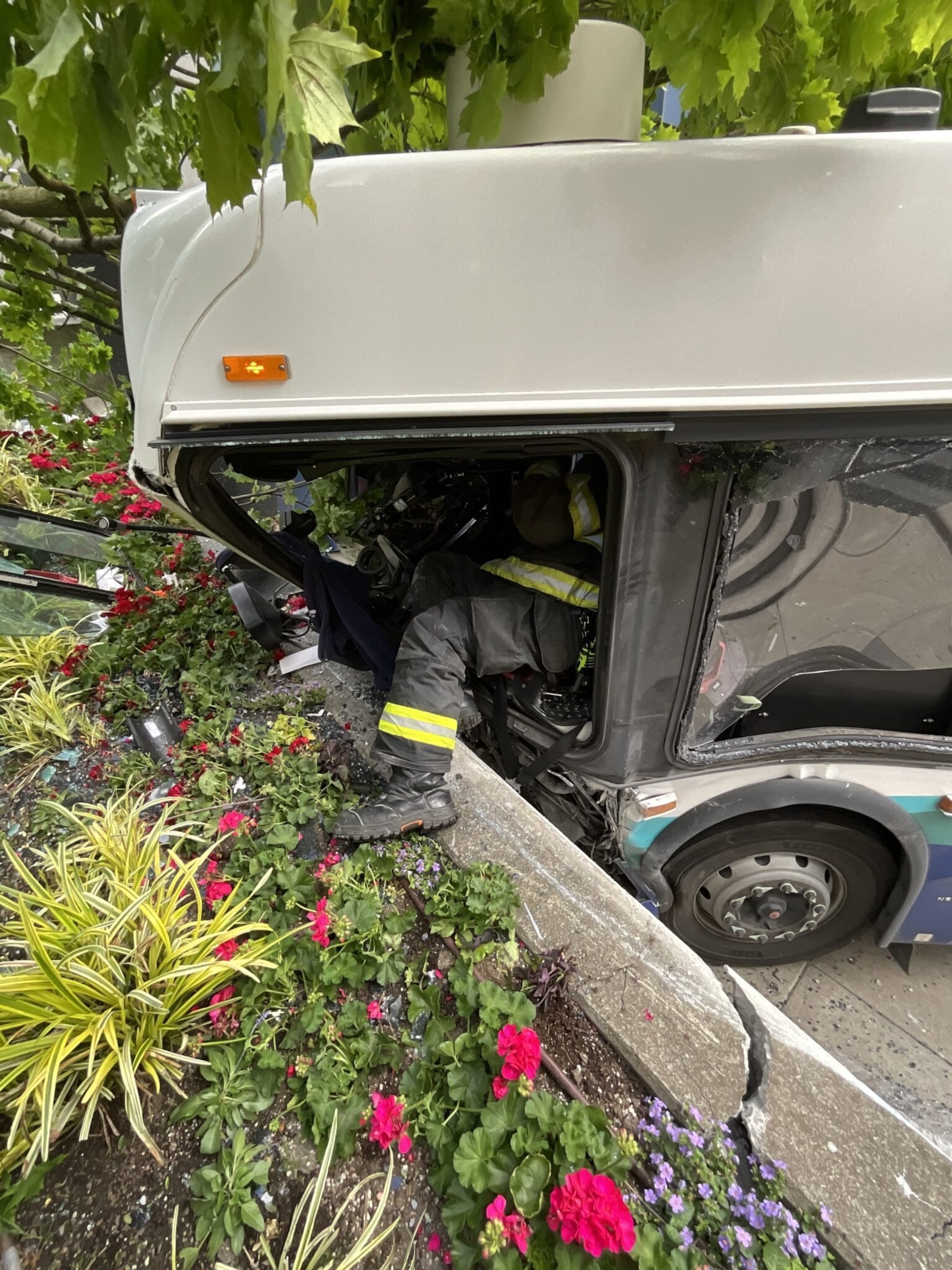 PHOTO: A Sound Transit public bus is seen in this photo after crashing on Saturday, June 22, 2024, into a building in downtown Seattle, Washington.