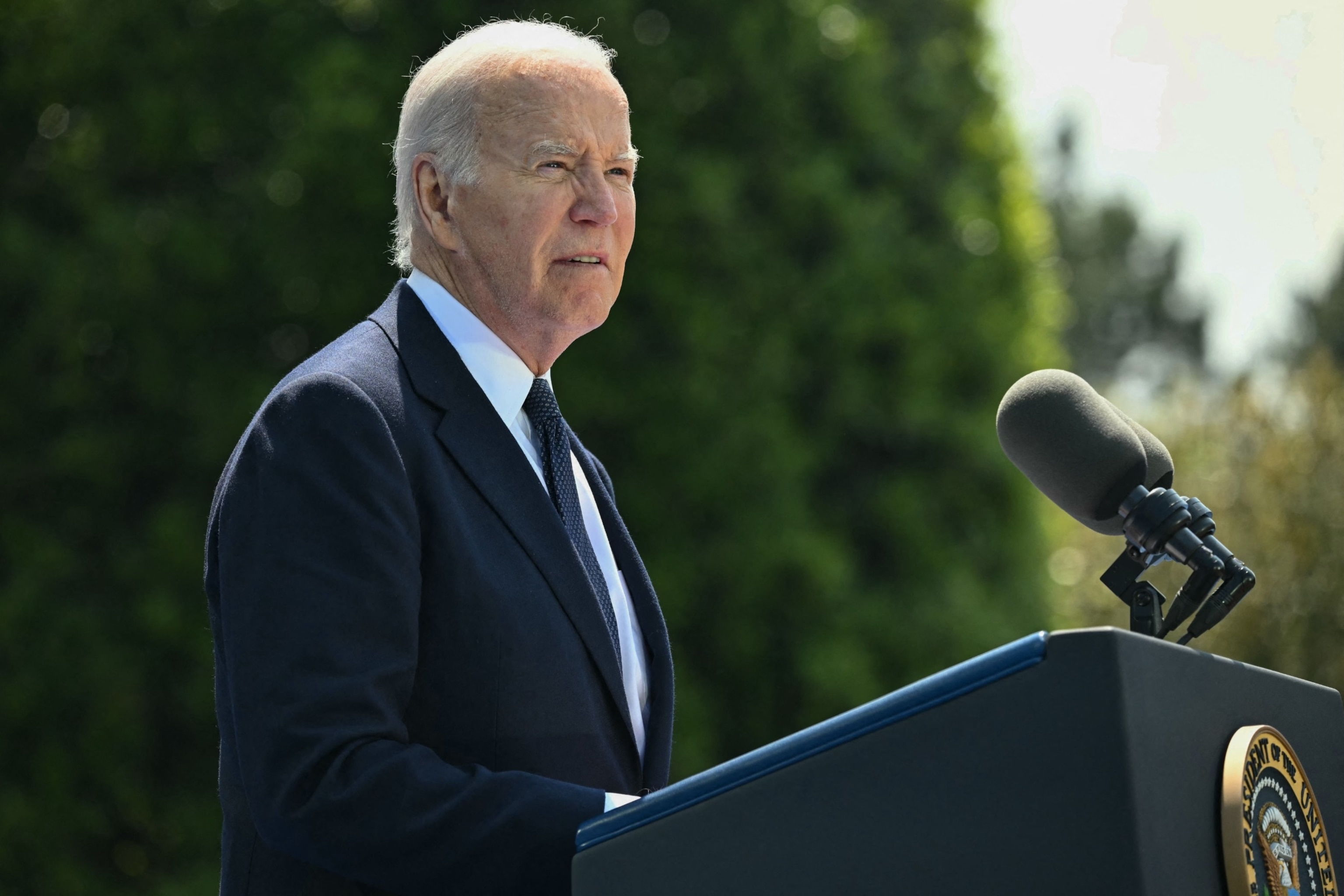 PHOTO: President Joe Biden delivers a speech during the US ceremony marking the 80th anniversary of the World War II "D-Day" Allied landings in Normandy in northwestern France, on June 6, 2024. 