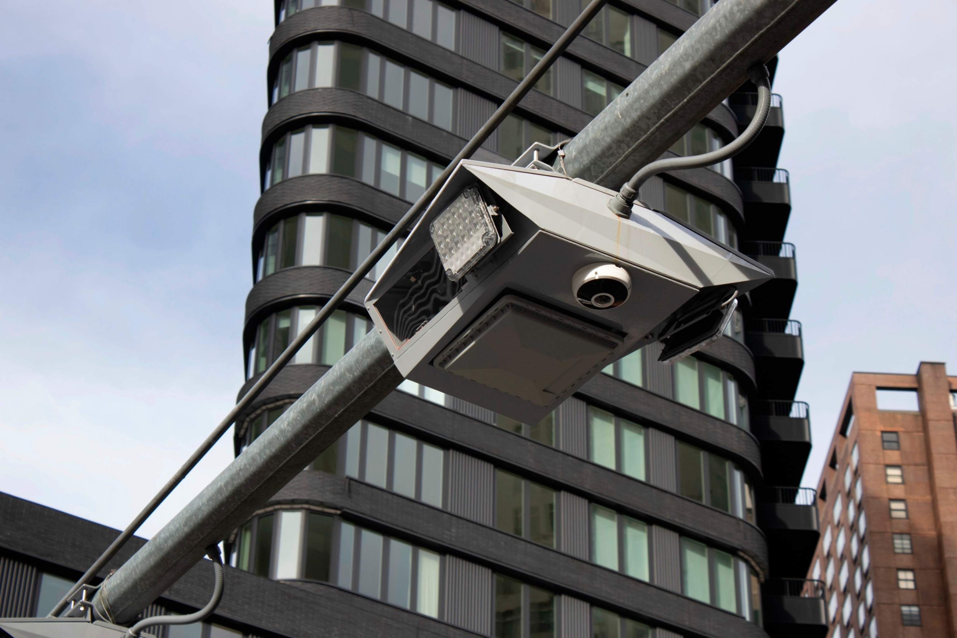 PHOTO: Recently installed toll traffic cameras hang above West End Avenue near 61st Street in the Manhattan borough of New York, Nov. 16, 2023.