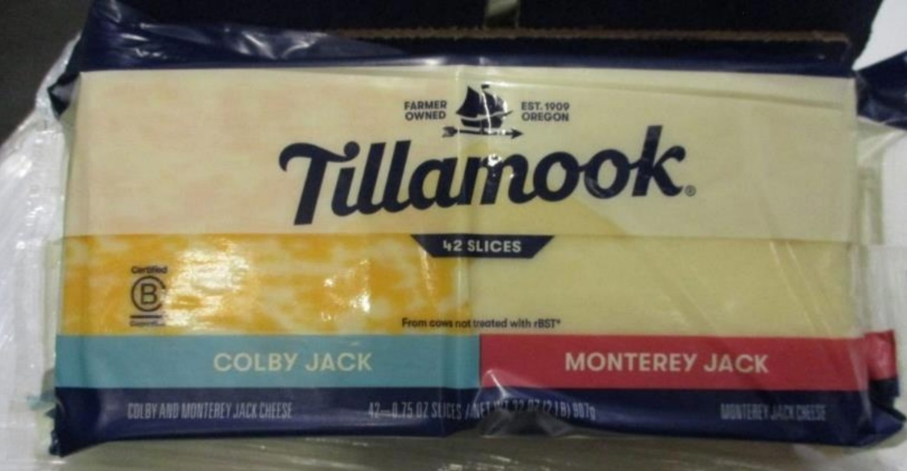 PHOTO: A recalled package of Tillamook Colby Jack and Tillamook Monterey Jack cheese slices is shown. 