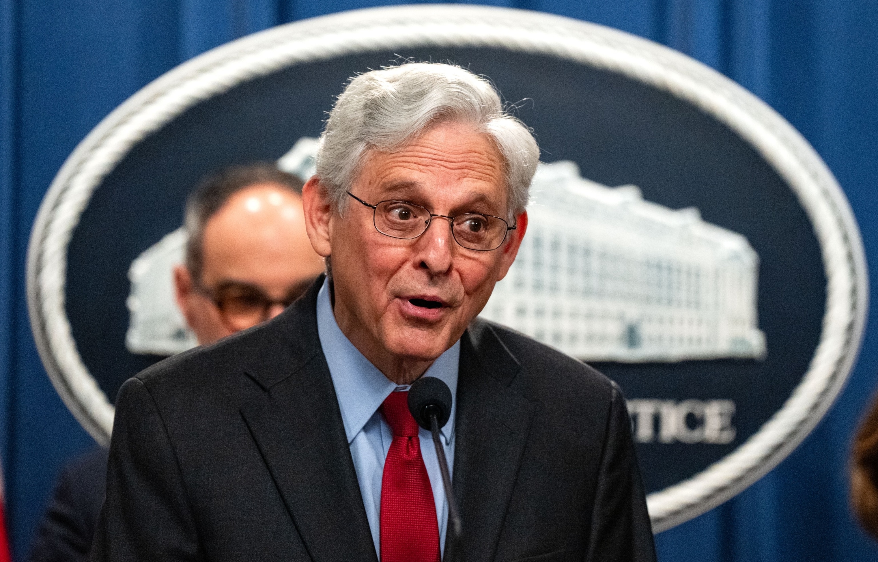 PHOTO: Attorney General Merrick Garland takes questions from reporters during a news conference at the Department of Justice Building on May 23, 2024 in Washington, DC.
