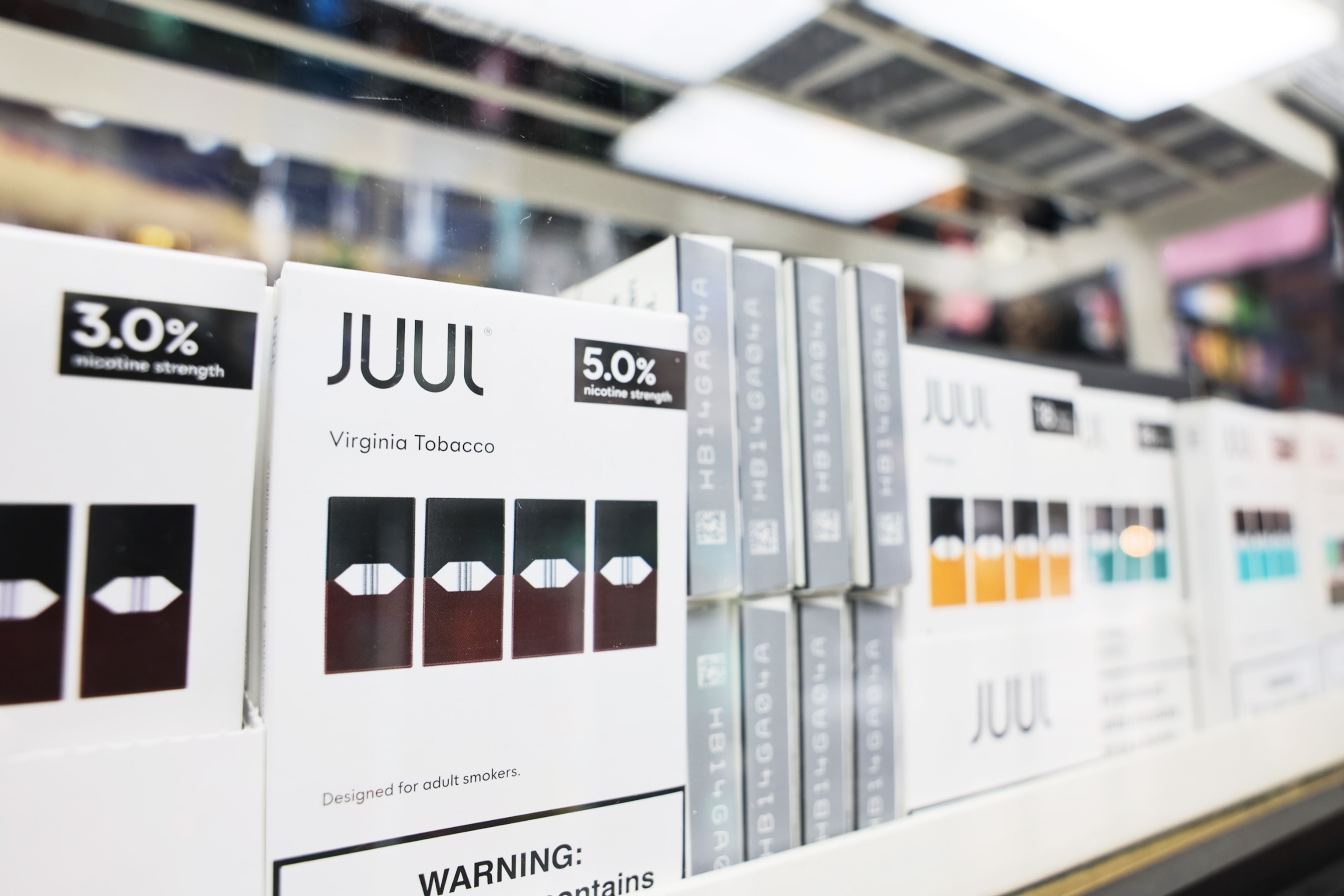 PHOTO: Juul packages are seen on a shelf at Empire Smoke Shop on Dec. 07, 2022 in the Flatbush neighborhood of Brooklyn borough in New York City. 