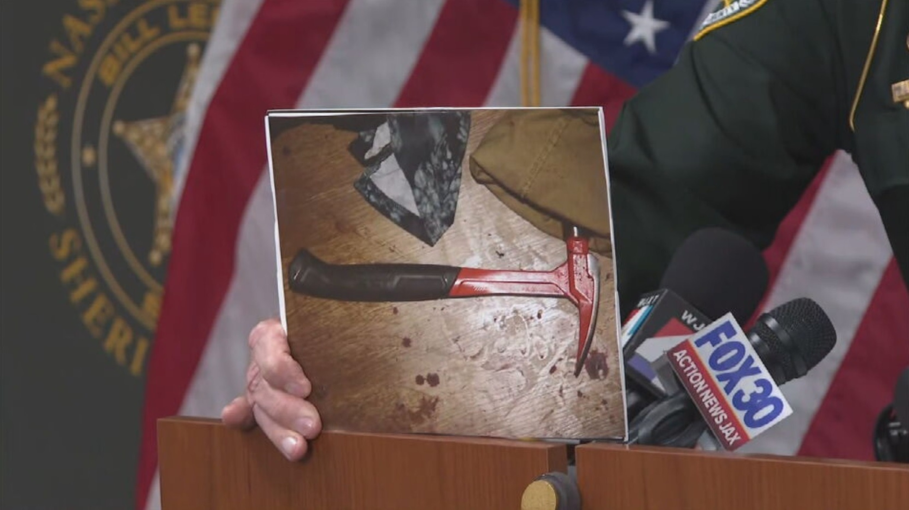 PHOTO: Nassau County Sheriff Bill Leeper holds a photo during a press briefing of a hammer he says was used in an assault, June 24, 2024.