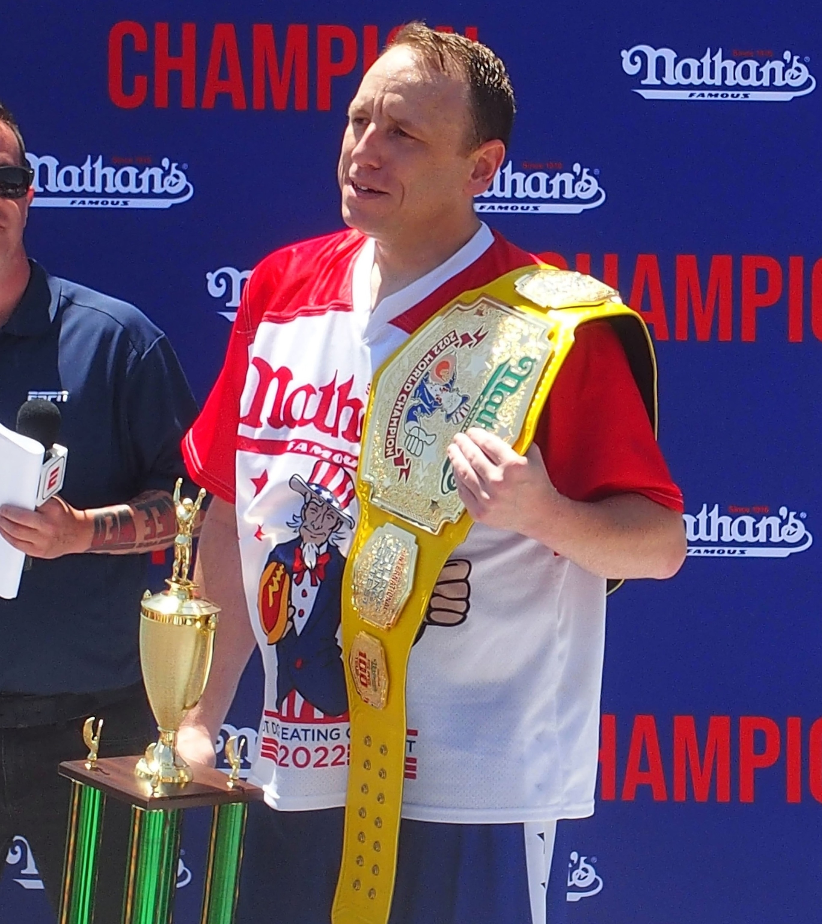 PHOTO: In this July 4, 2022, file photo, competitive eater Joey Chestnut wins with 63 hot dogs in the men's division at the 2022 Nathan's Famous International Hot Dog Eating Contest at Coney Island, in Brooklyn, New York. 
