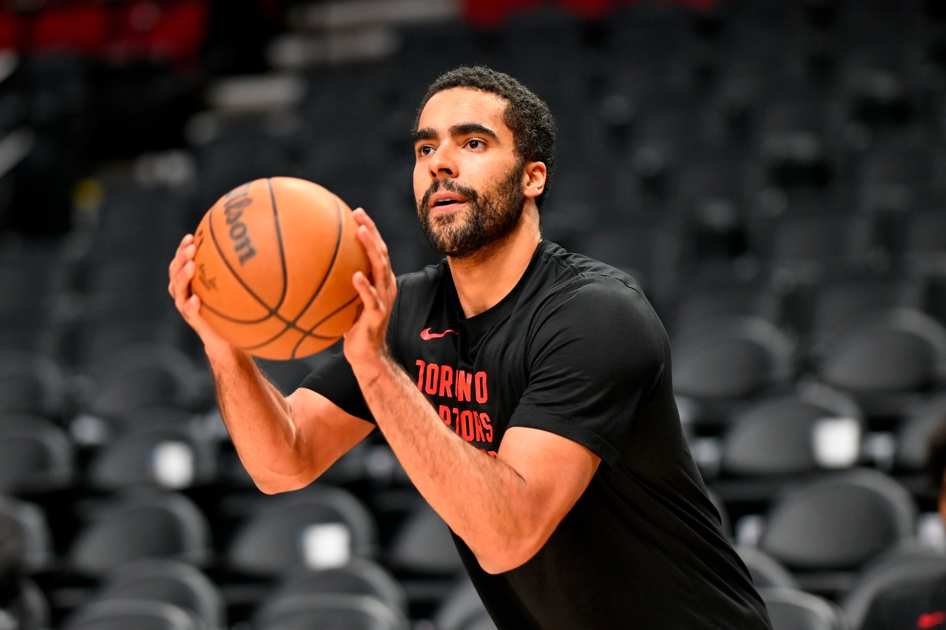 PHOTO: Jontay Porter of the Toronto Raptors warms up before the game against the Portland Trail Blazers, March 9, 2024, in Portland, Ore.